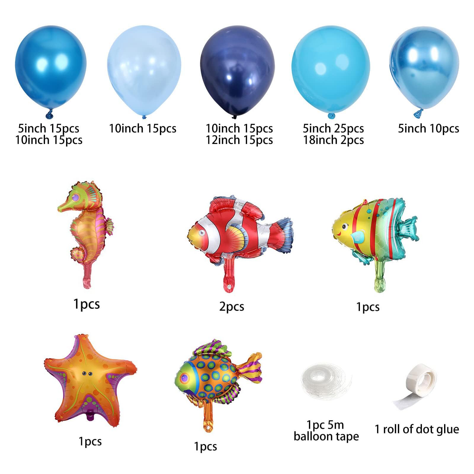 PageebO Ocean Animals Balloon Arch Kit-120pcs Midnight Blue Light Blue Metallic Blue with Different Ocean Animals Balloons for Birthday Party