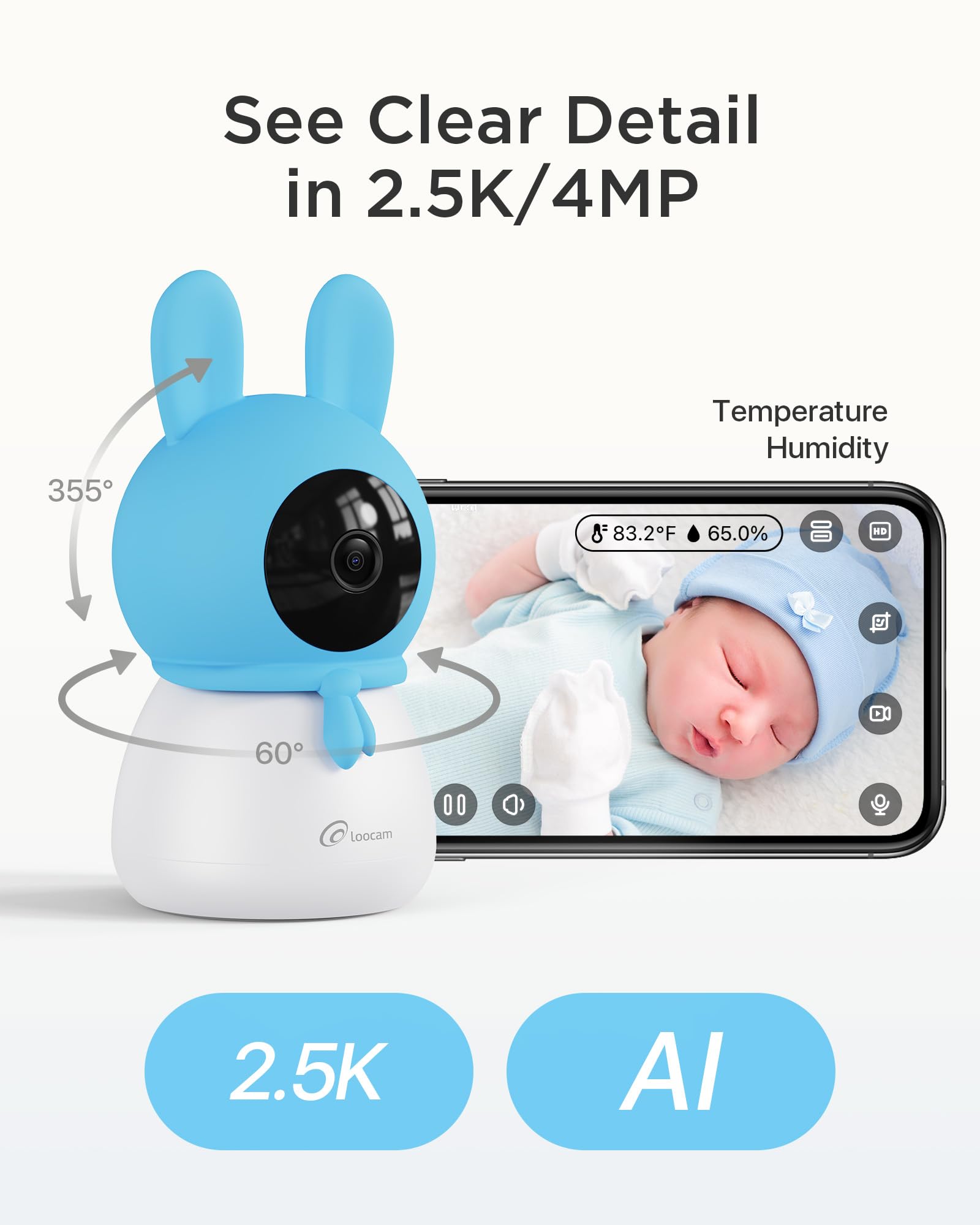 Loocam 2.5K 4MP Smart Baby Monitor with 64GB SD Card, AI Cry/Face/Area Departure Detect, 2.4G & 5G WiFi Security Camera Indoor, Pan & Tilt Auto Track, Two-Way Talk, Temp-Humidity Monitor, Night Vision