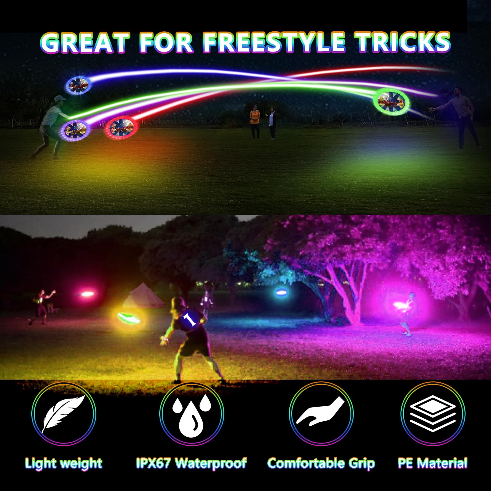 Kovshuiwe LED Flying Disc- Double Ring 39 RGB LEDs,7 Modes,Chargeable,IP65 Waterproof,178g Frisbee,Soft Flying Discs, Adult/Men/Boys/Teens Birthday,Ideal for Outdoor,Lawn,Camping Games