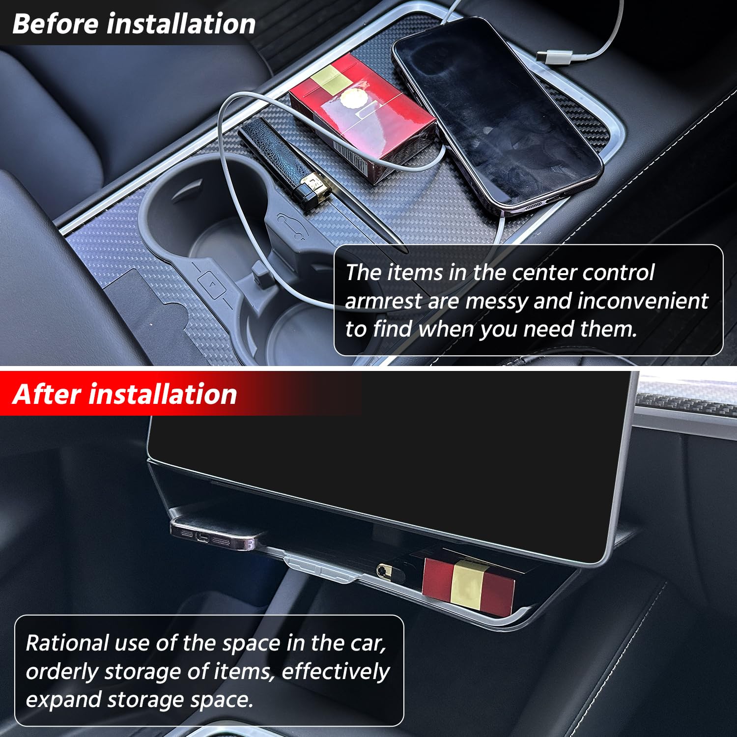 Farmogo Center Console Organizer Tray Under Screen Storage Box Silicone Non-Slip Dashboard Organizer Box No Adhesive No Need to Drill Holes Compatible with Tesla Model Y/3 Interior Accessories