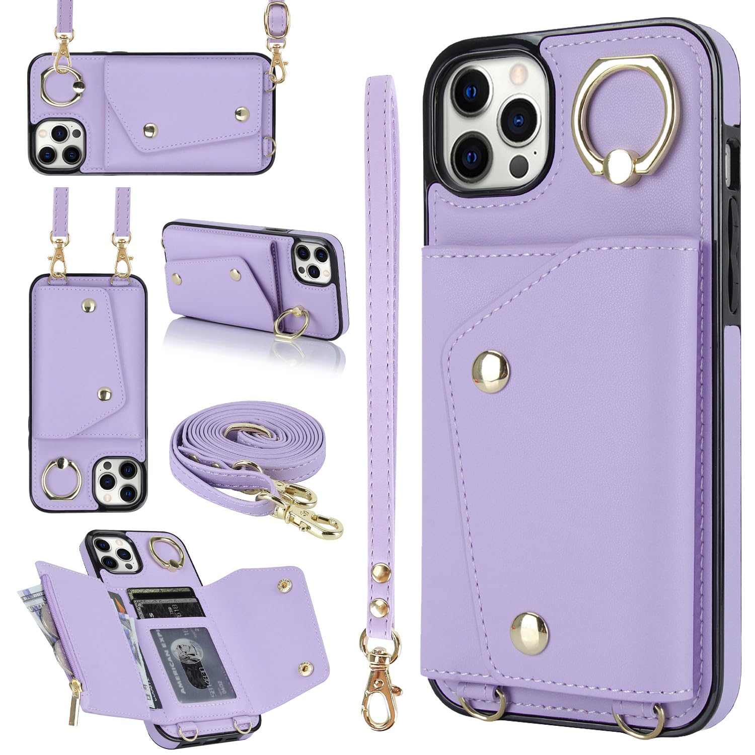 Lipvina for iPhone 12 Pro Max Case Wallet with Strap for Women,Crossbody Lanyard and Wristlet Strap,Zipper Pocket,Credit Card Holder,Stand Ring,Phone Wallet Case(6.7 inch,Purple)