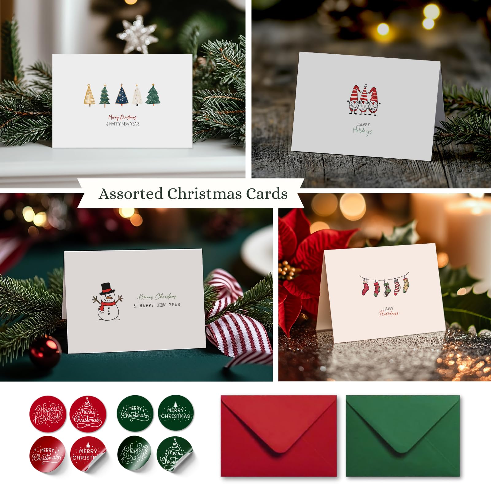 Paper Play Merry Christmas Cards with Envelopes, Set of 20 Adorable Christmas Cards Bulk Pack - 4x6 Inches Bulk Christmas Cards with Envelopes & Matching Stickers, Smudge-resistant Heavy Duty Cardstock