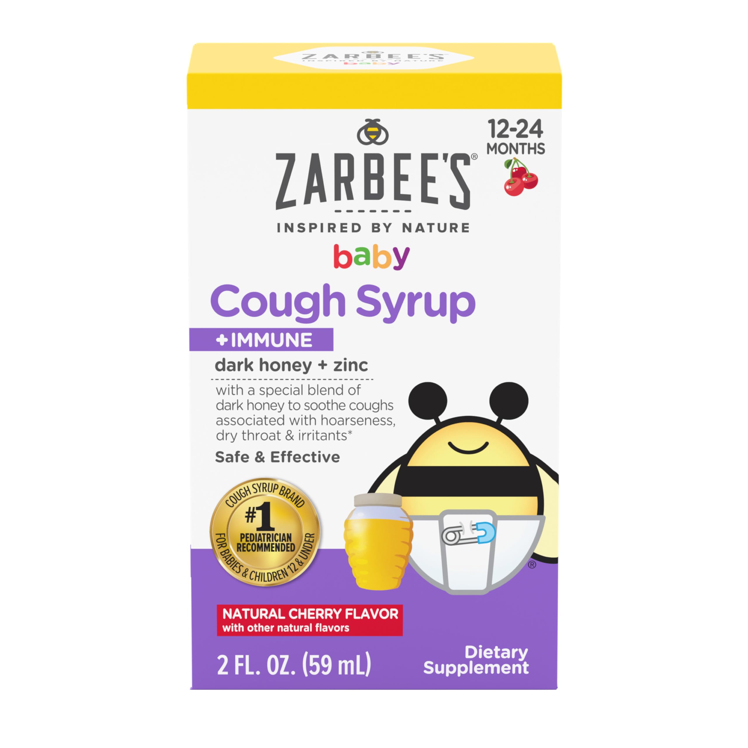 Zarbee's Baby Cough Syrup + Immune, Drug & Alcohol-Free Toddler Cough Relief with Dark Honey & Zinc, Natural Cherry Flavor, 2Fl Oz