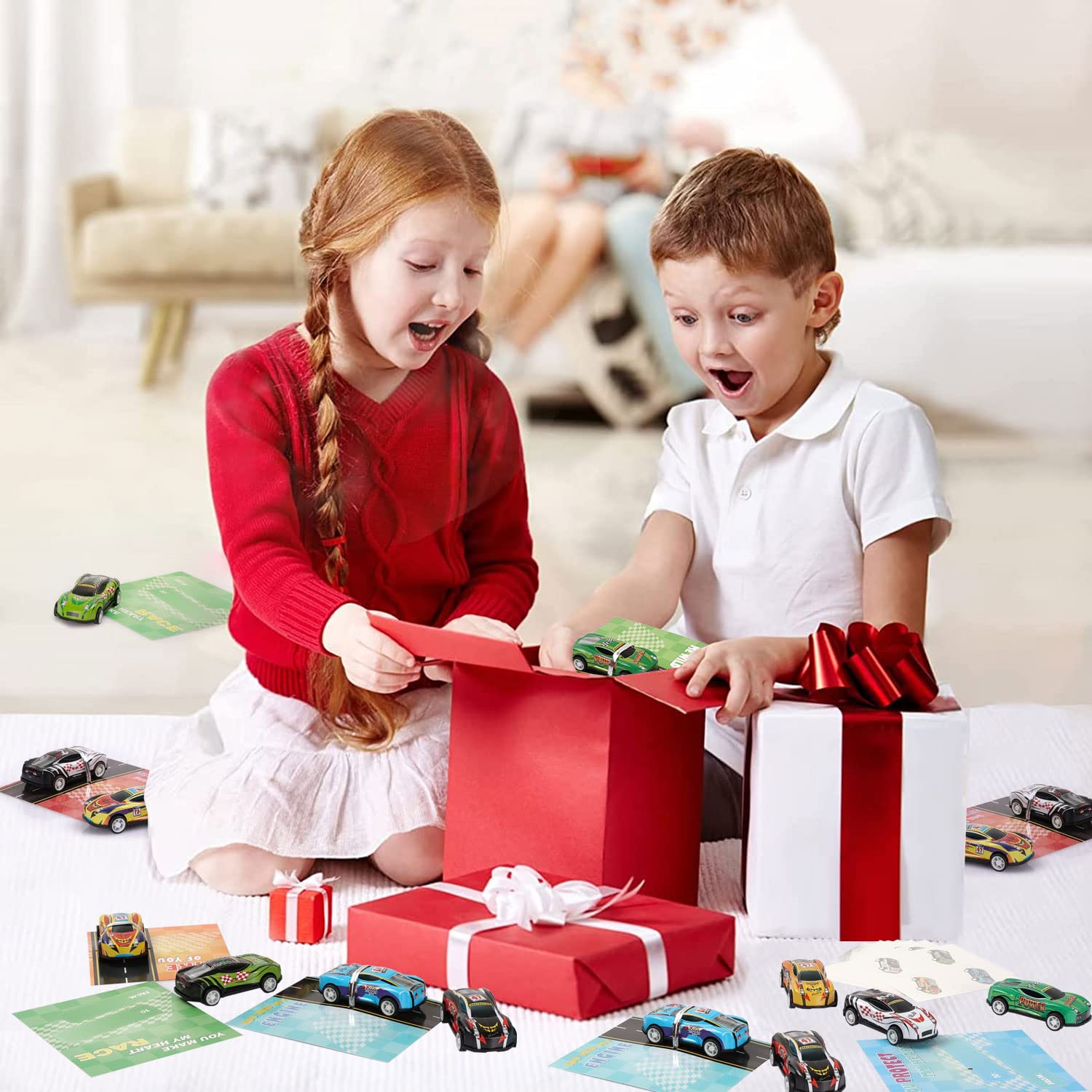 Valentines Day Cards for Kids - 32 Pack Race Cars Valentines Greeting Cards with Pull Back Cars Toys & Temporary Tattoos, Valentines Day Exchange Gift Cards for Boys Classroom School Party Supplies