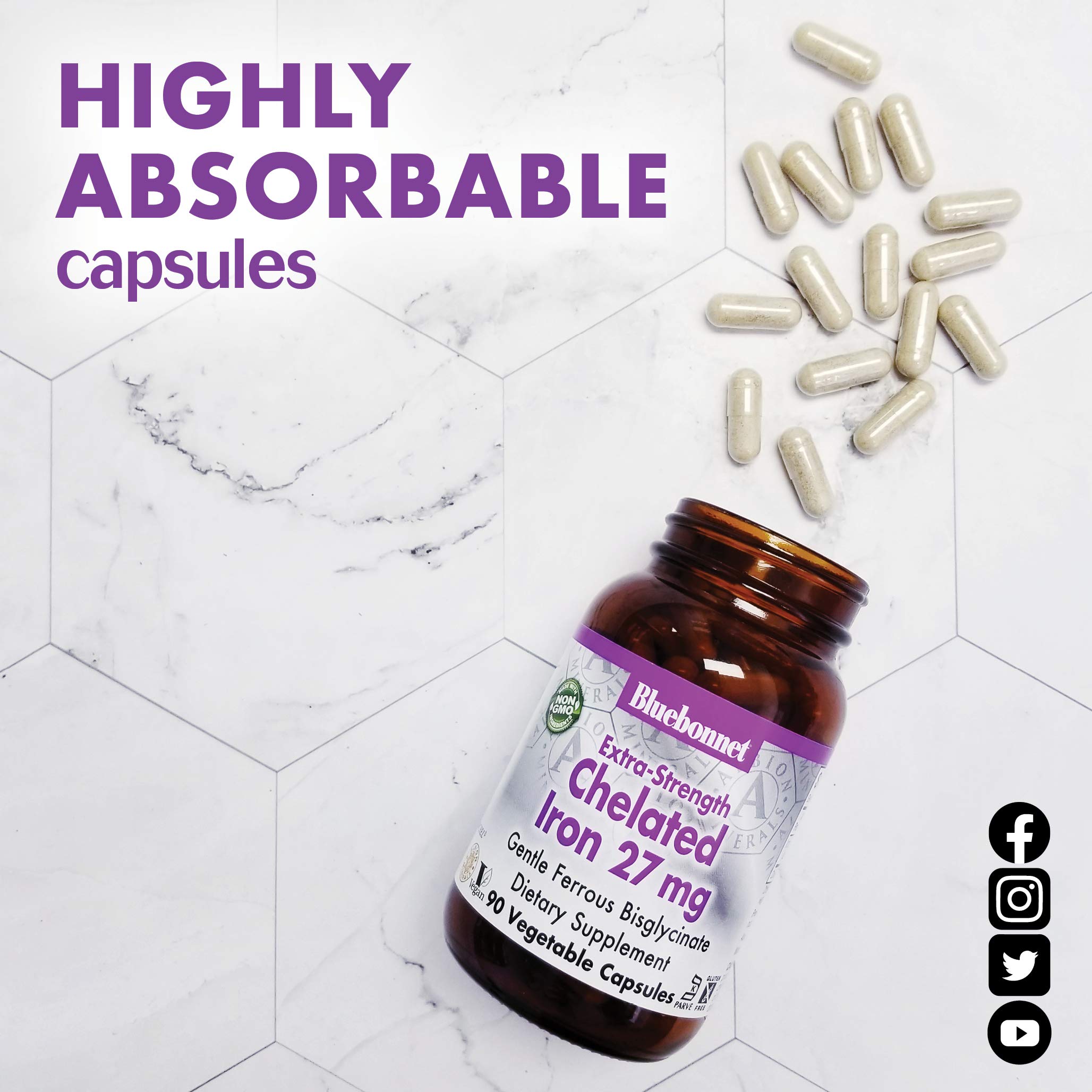 Bluebonnet Nutrition Albion Extra-Strength Chelated Iron 27 mg, For Healthy Red Blood Cell production*, Soy-Free, Gluten-Free, Non-GMO, Kosher, Dairy-Free, Vegan, 90 Vegetable Capsule, 90 Serving