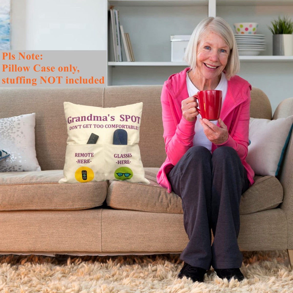 ZUYUROU Grandma Gifts, 2-Pocket Grandma’s Spot Throw Pillow Covers 18x18 Inch + Engraved Spoon, Birthday Christmas hanksgiving Day Gifts for Grandma Mom Gigi Nana Mimi