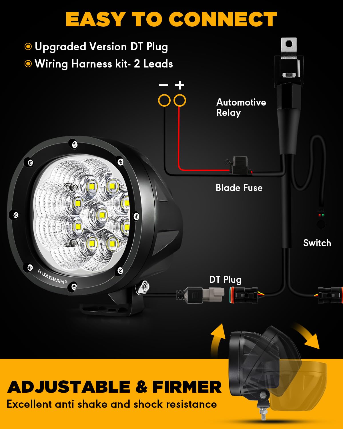 Auxbeam 4 Inch Round LED Light Pods, 90W Offroad Flood White Light Bar, Super Bright 9000LM Driving Work Light with DT Plug Wiring Harness Kit for Truck Boat Pickup ATV UTV SUV-2PCS