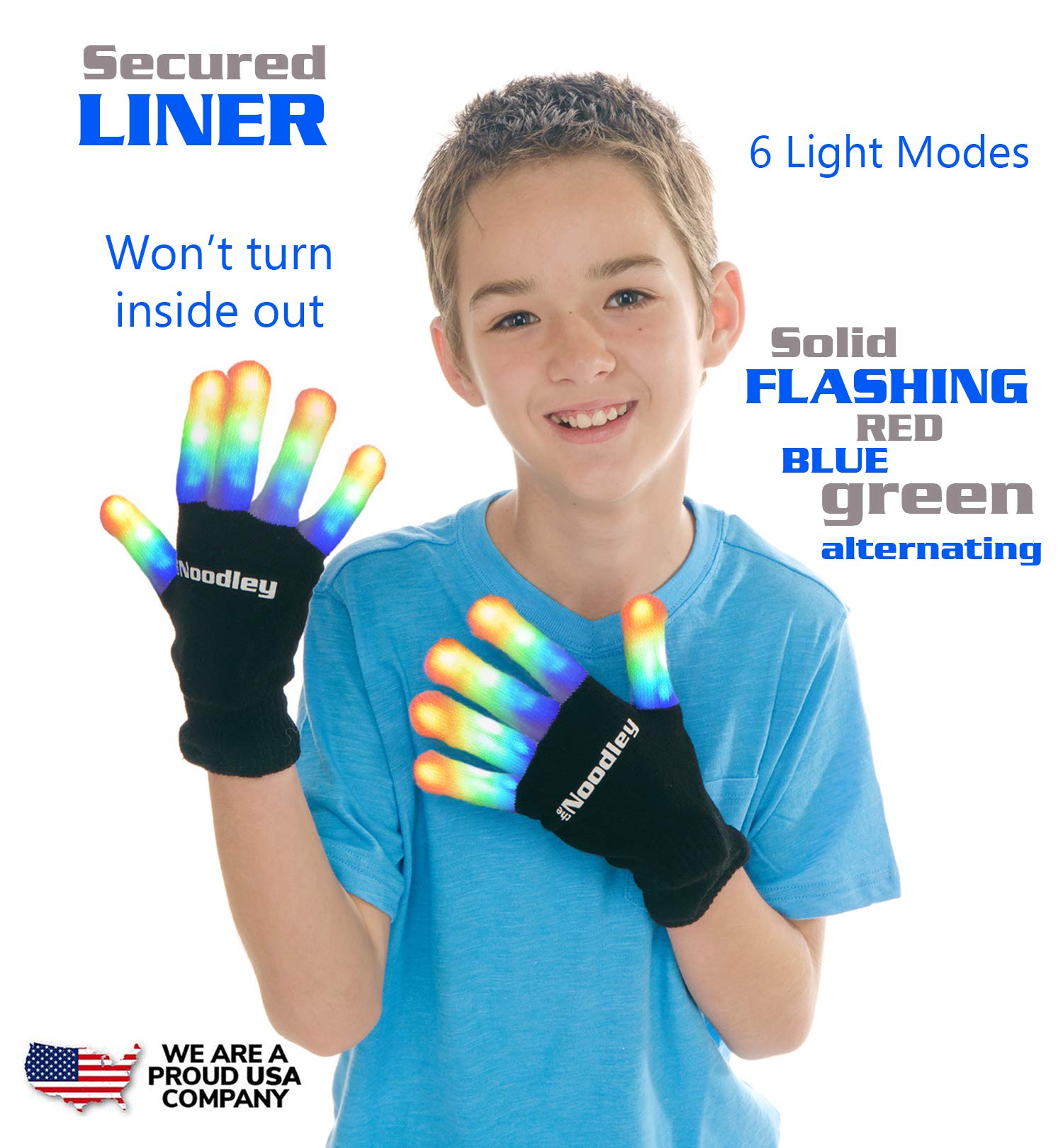 The Noodley Boys Toys Age 10 Flashing LED Light Gloves Kids and Teen Sized with Extra Batteries Finger Toy Boys and Girls - Ages 8-12 (Medium, Black)