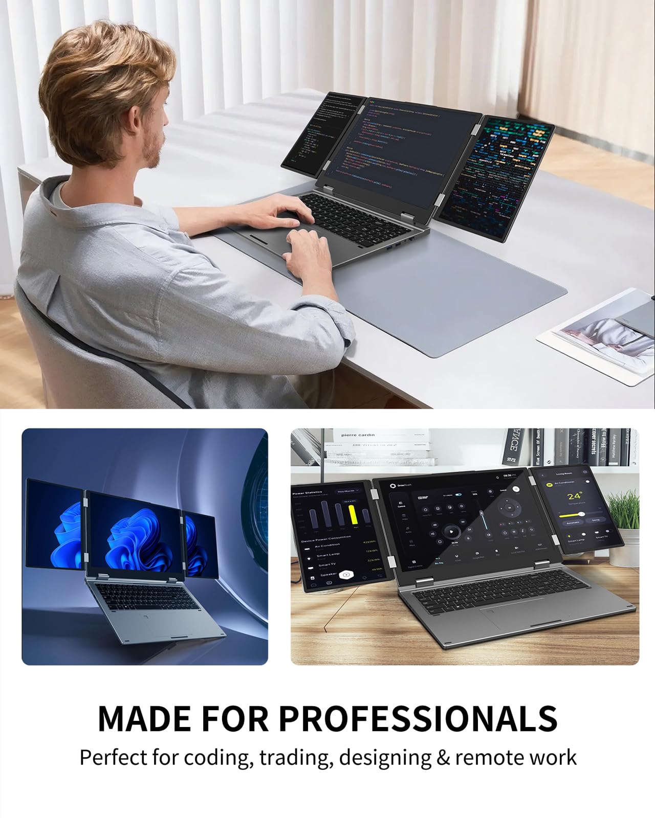KOOFORWAY Triple Screen Laptop, 16" Main + Dual 10.5" Monitors, Core i7-12700H, 32GB RAM, 2TB SSD, Win 11 Pro, Wi-Fi 5, BT 5.0, Face & Fingerprint Unlock, USB-C, HDMI