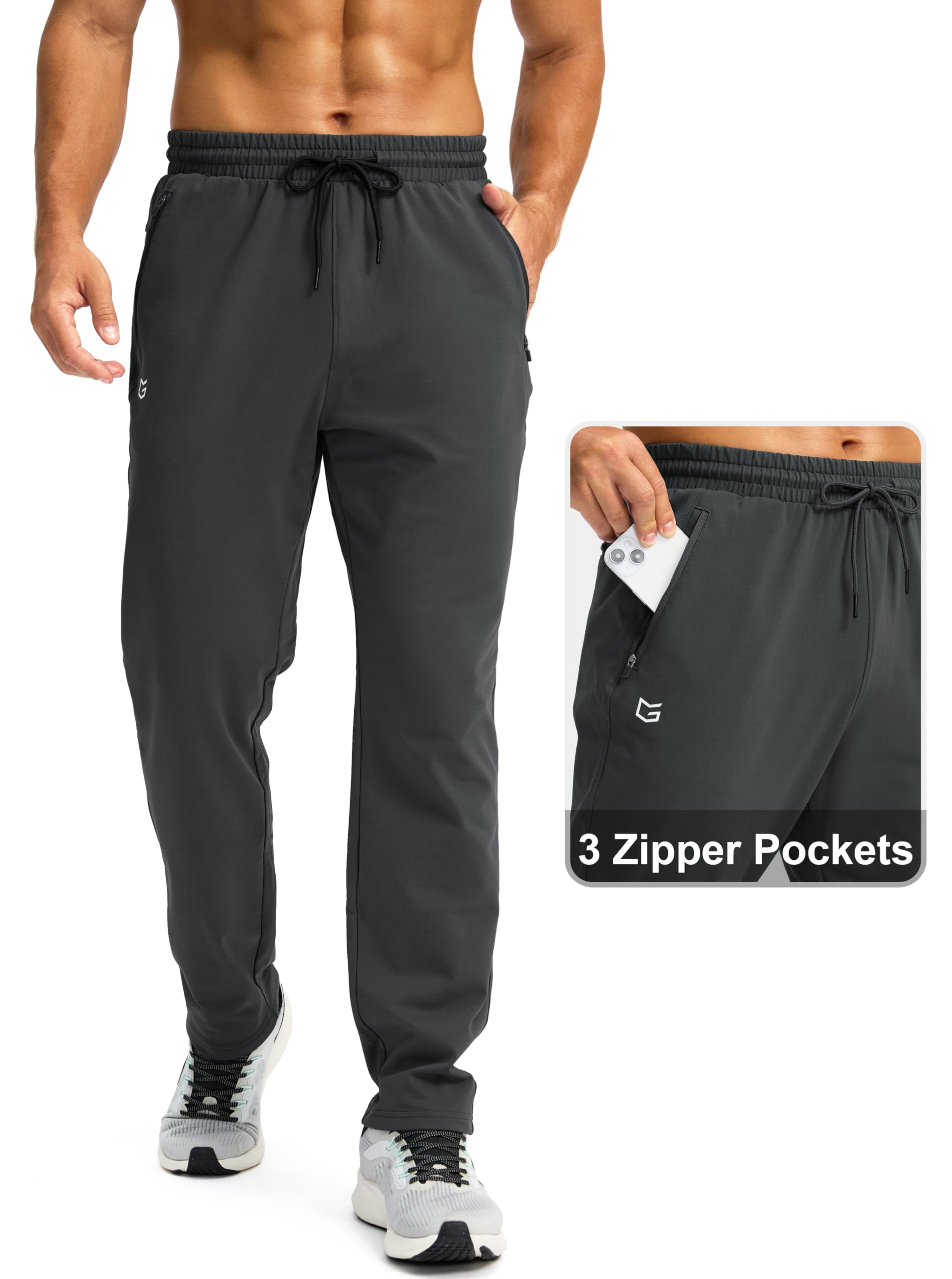 Men's Fleece Lined Winter Pants with 3 Zipper Pockets Warm Athletic Joggers Workout Running Sweatpants for Men(Dark Grey,L)