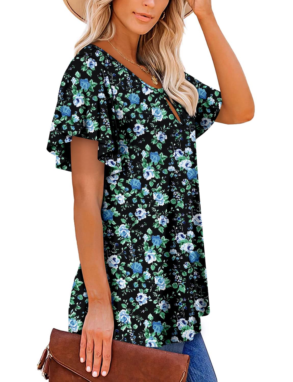 ONLYSHE Womens Tops Dressy Casual Summer Tops Floral Short Sleeve Tunic Blouse Shirts BlackBW XL