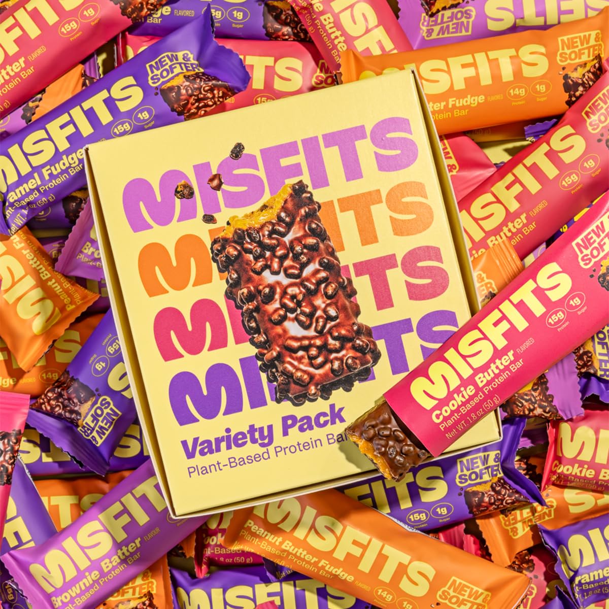 Misfits Vegan Protein Bars - Updated Recipe | Plant Based, Low Sugar & Carb, High Fiber Snacks | Variety Pack of 12 (4 Flavors)