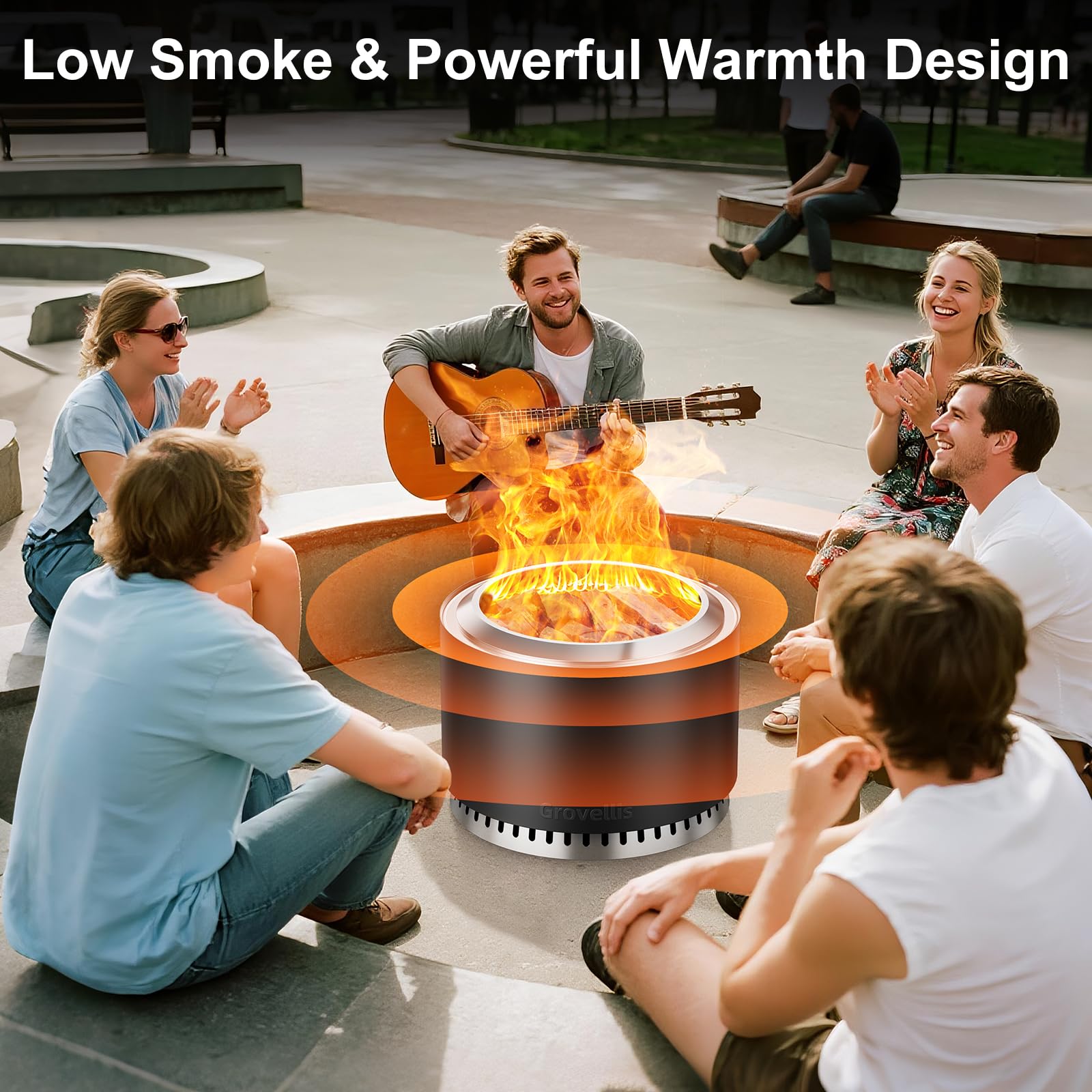 Grovellis 27 inch Smokeless Fire Pit with Waterproof Cover, Stainless Steel Outdoor Smokeless Firepit, Wood Burning Fire Pits for Camping, Bonfire,Low Smoke Firepit for Outside