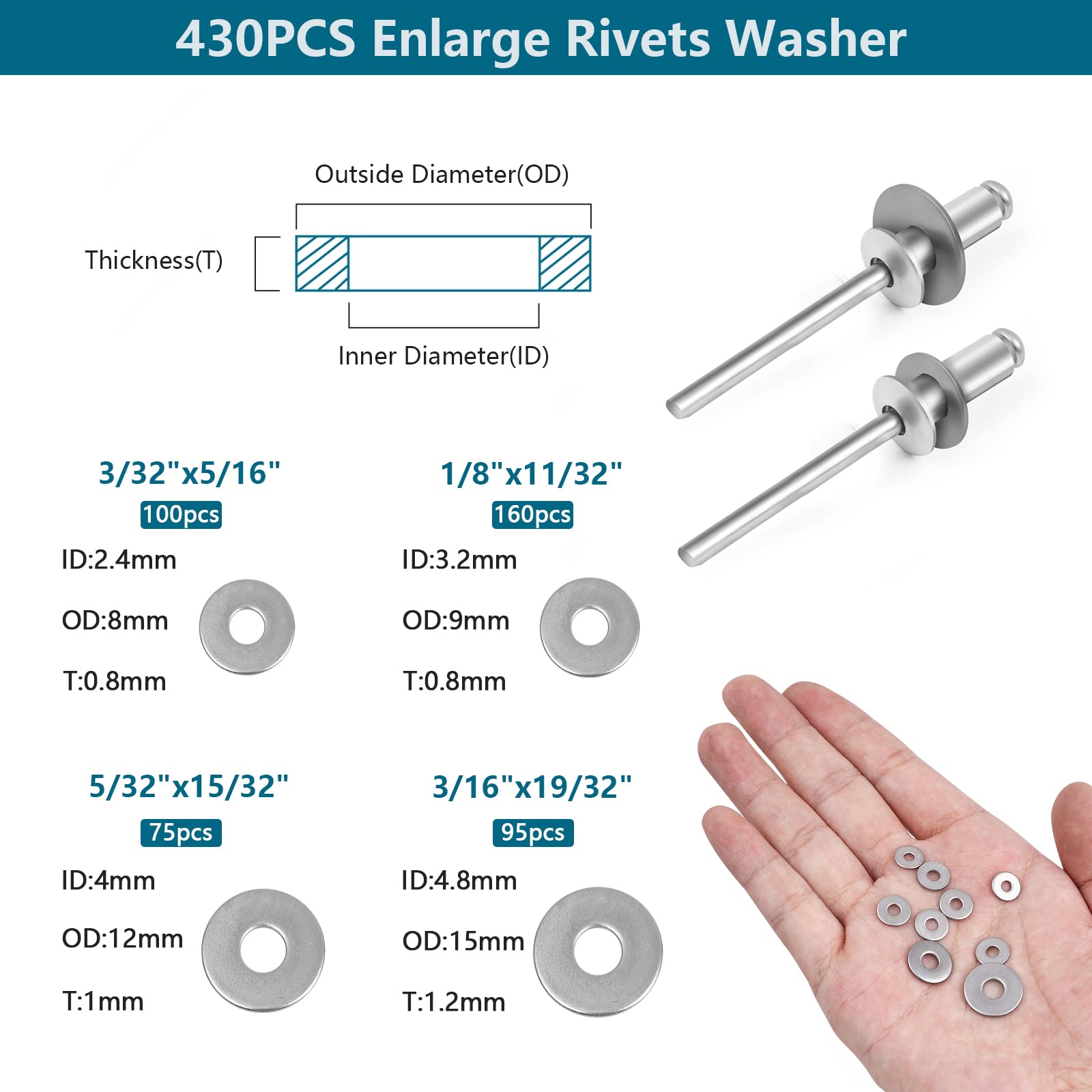 860PCS Aluminum Pop Rivets with 304 Stainless Steel Washers Kit,11 Sizes of Blind Rivets with 4 Sizes of Backup Washers,Widely Used in Vehicles,Ships (Diameter 3/32" 1/8" 5/32" 3/16")