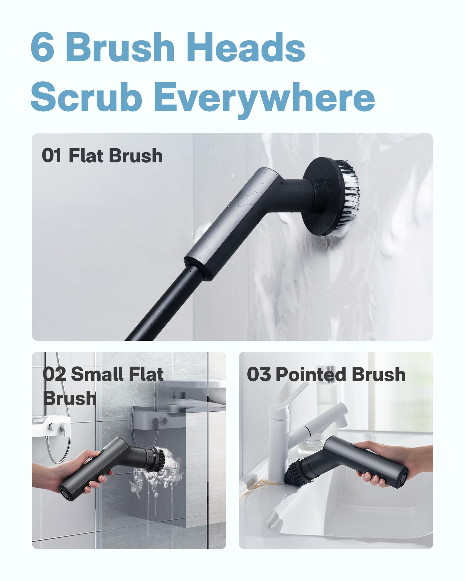 HOTO Electric Spin Scrubber, IPX7 Full Body Waterproof Bathroom Shower Cleaning Brush, Shower Scrubber Brush with Long Handle, 6 Brush Heads, Power Scrubber for Shower, Bathroom, Floor, Tile
