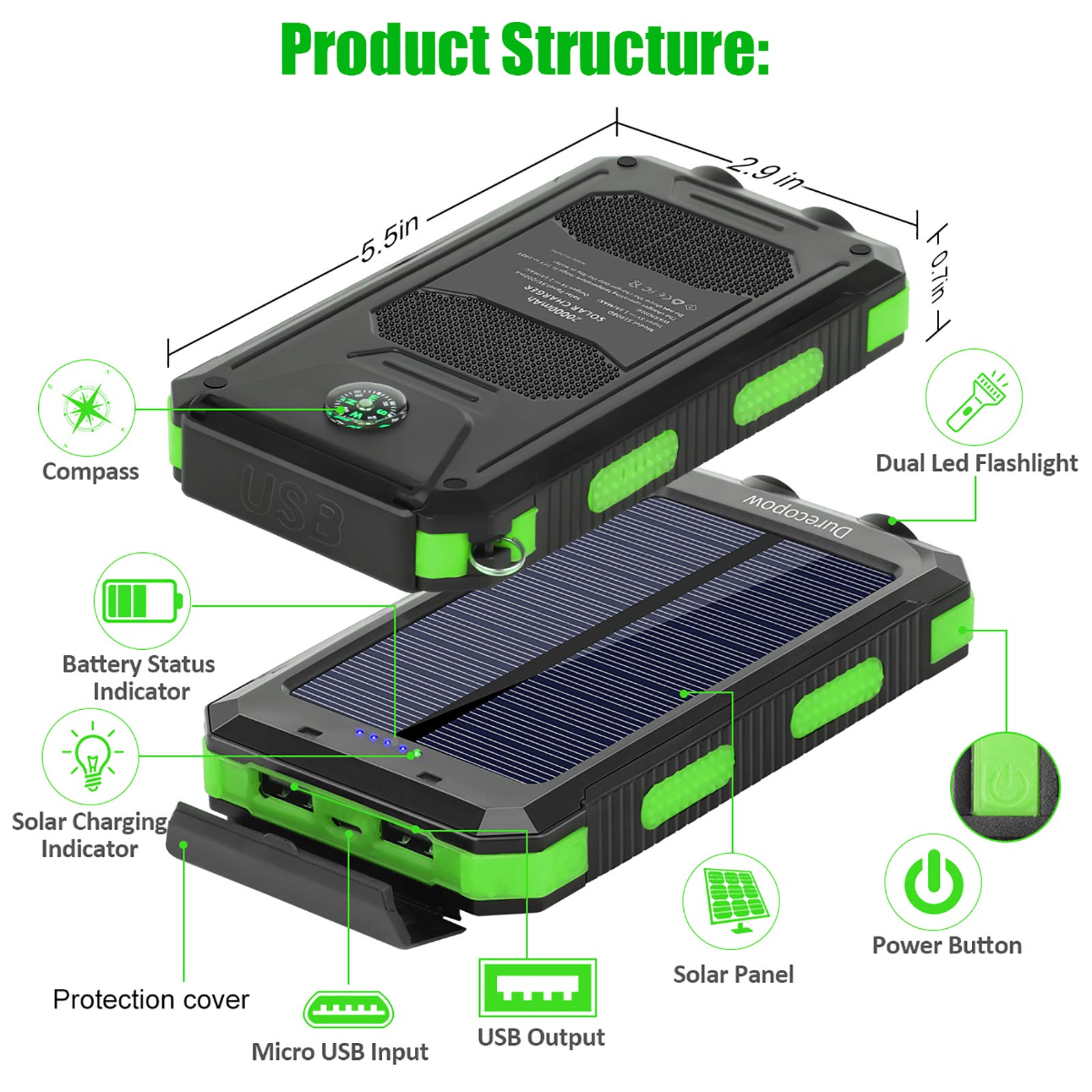 Solar Charger, 20000mAh Portable Outdoor Waterproof Solar Power Bank, Camping External Backup Battery Pack Dual 5V USB Ports Output, 2 Led Light Flashlight with Compass (Green)