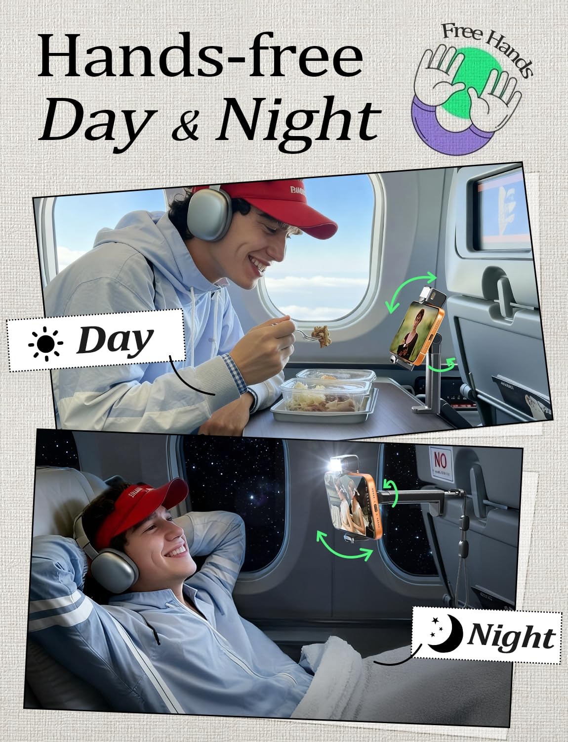 LISEN Best Airplane Tech Gadgets Tech Accessories Airplane Phone Holder (LED Light) Travel Essentials for Flying Gifts for Women Her Long Flight Travel Accessories for Women Men Selfie Photography