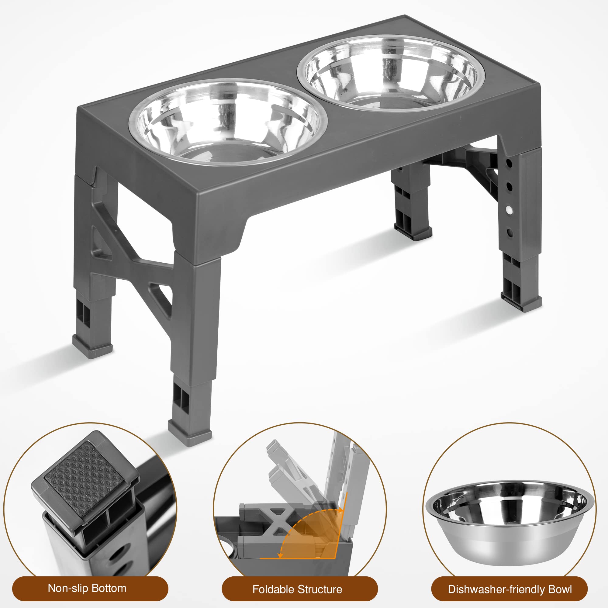 Elevated Dog Bowls, 5 Adjustable Heights Raised Dog Bowl Stand with Double Stainless Steel Dog Food Bowls, Adjusts to Heights 3.2", 8.7", 9.8", 11", 12.2" for Small Medium Large Pets Dogs and Cats