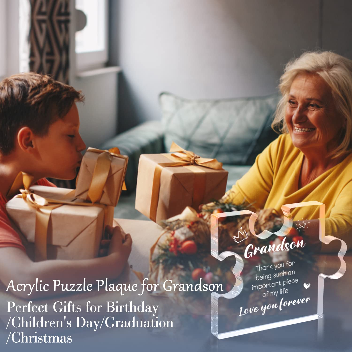 Funnli Grandson Gifts from Grandma Acrylic Puzzle Plaque - Christmas Valentines Day Fathers Day Birthday Gifts for Grandson 3.35 x 2.76 Inch Desk Decorations