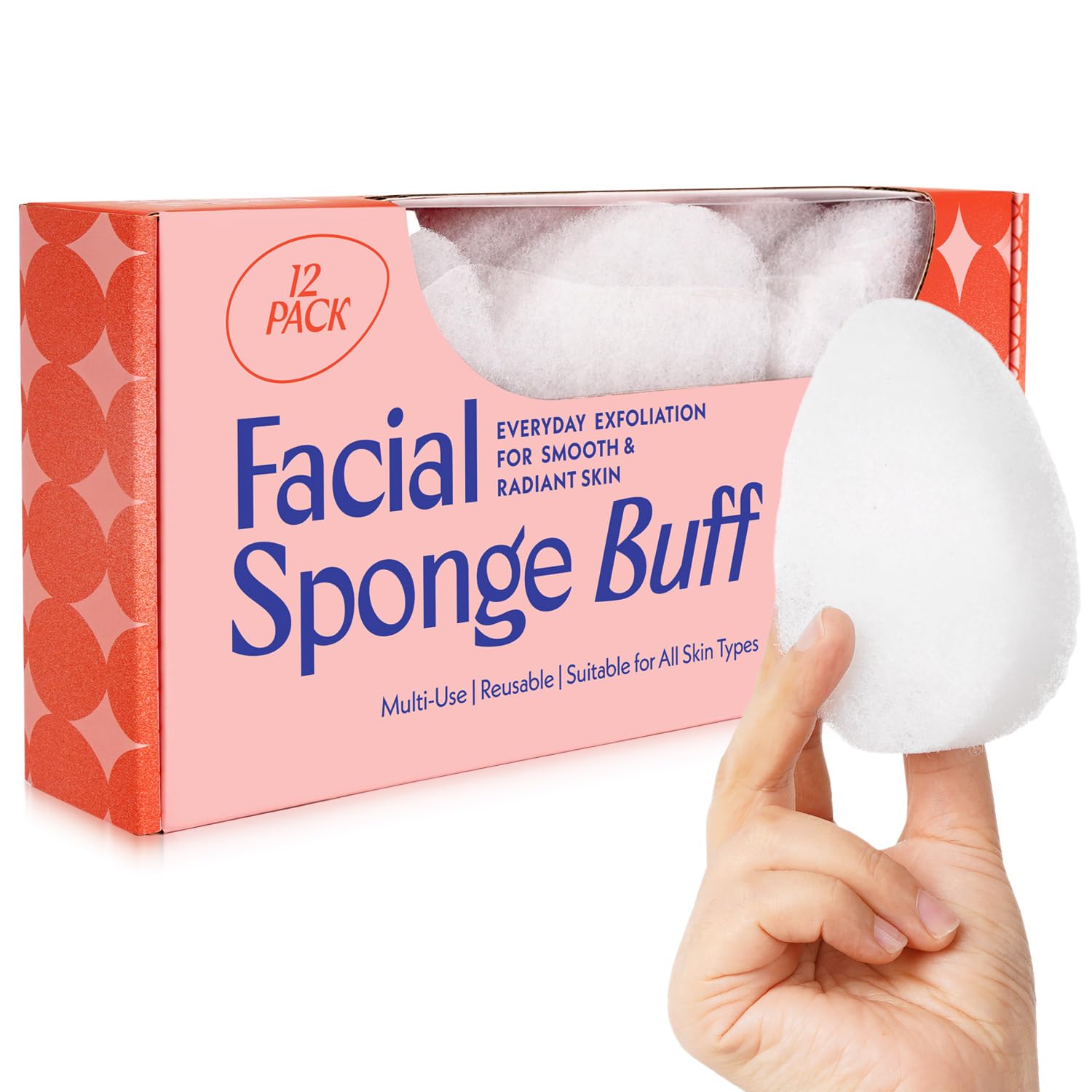 [12 Pack] Regular Exfoliating Facial Sponge for Face - Daily Cleansing Face Scrubber - Exfoliating Pads - Puf for Removing Makeup, Dirt, and Dead Skin - Reusable Face Pads Buf Dirt Away