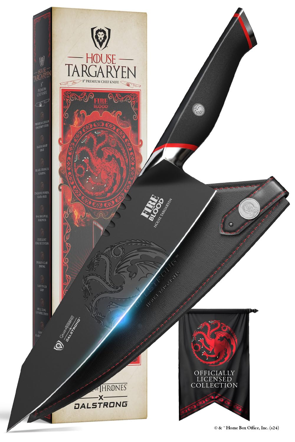 Dalstrong Chef Knife - 8 inch - Game of Thrones™ - House Targaryen™ Edition - German Premium Steel Full Tang - Professional G10 Handle - Collection Item Kitchen Knife Cooking - Leather Sheath