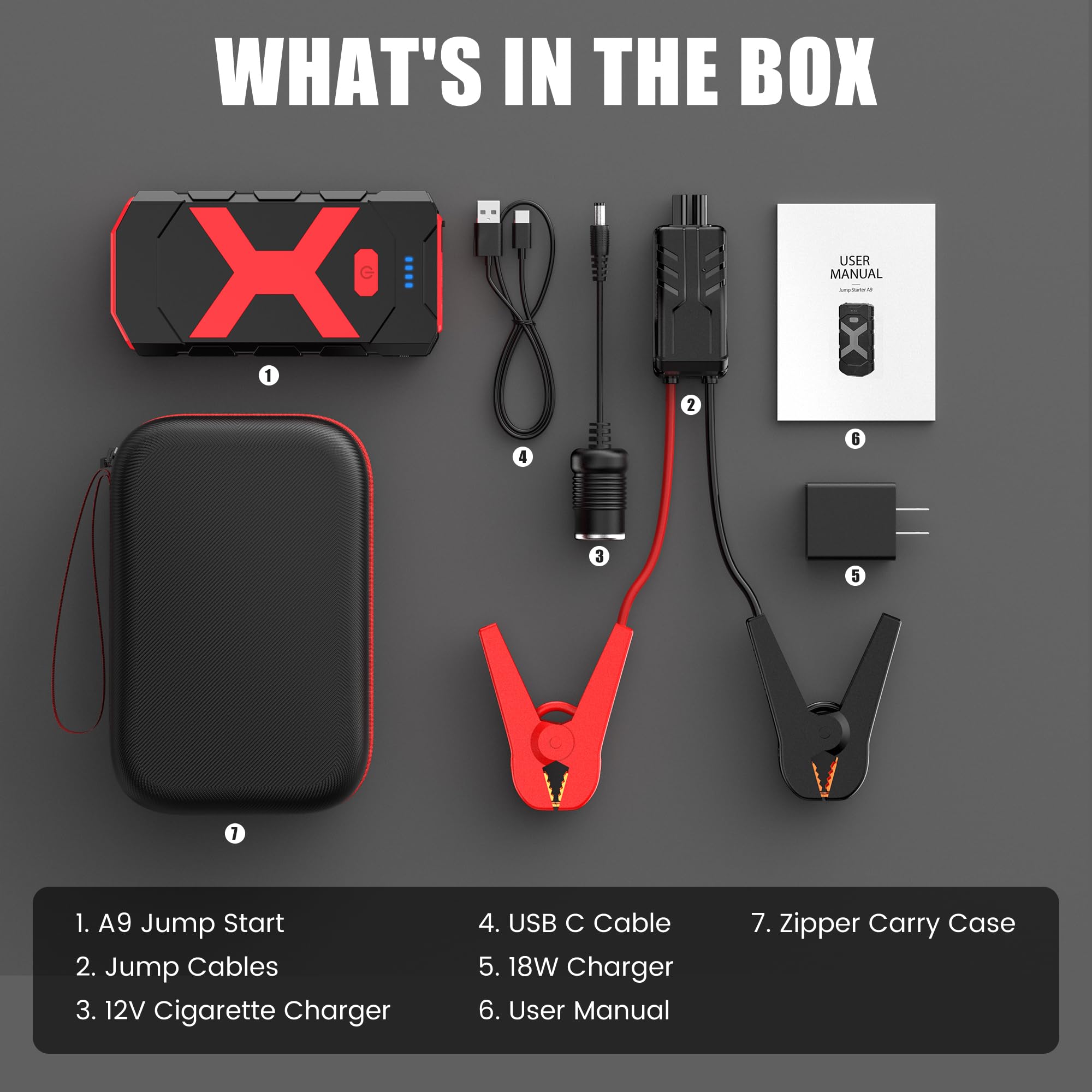 Jump Starter 12V 2000A for Car/Boat/Lawnmower(8.0L Gas/6.5L Diesel Engine) Portable Booster Battery Pack with Jump Cables/Wall Charger/USB Cable