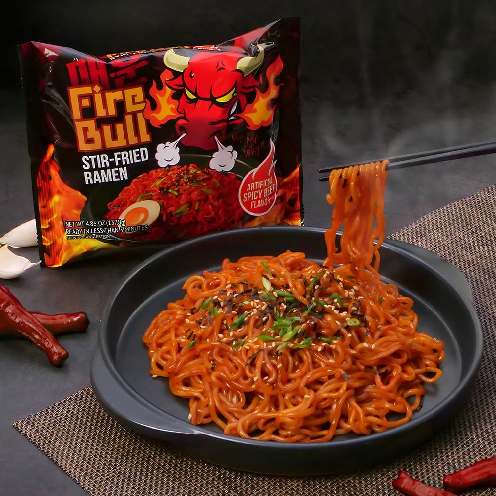 Fire Bull Ramen Intense Spicy Stir-Fried Ramen, Authentic Korean Heat Meets Flavorful Delight | Thick, Chewy Noodles | Quick & Easy Meal (4 Pouches)