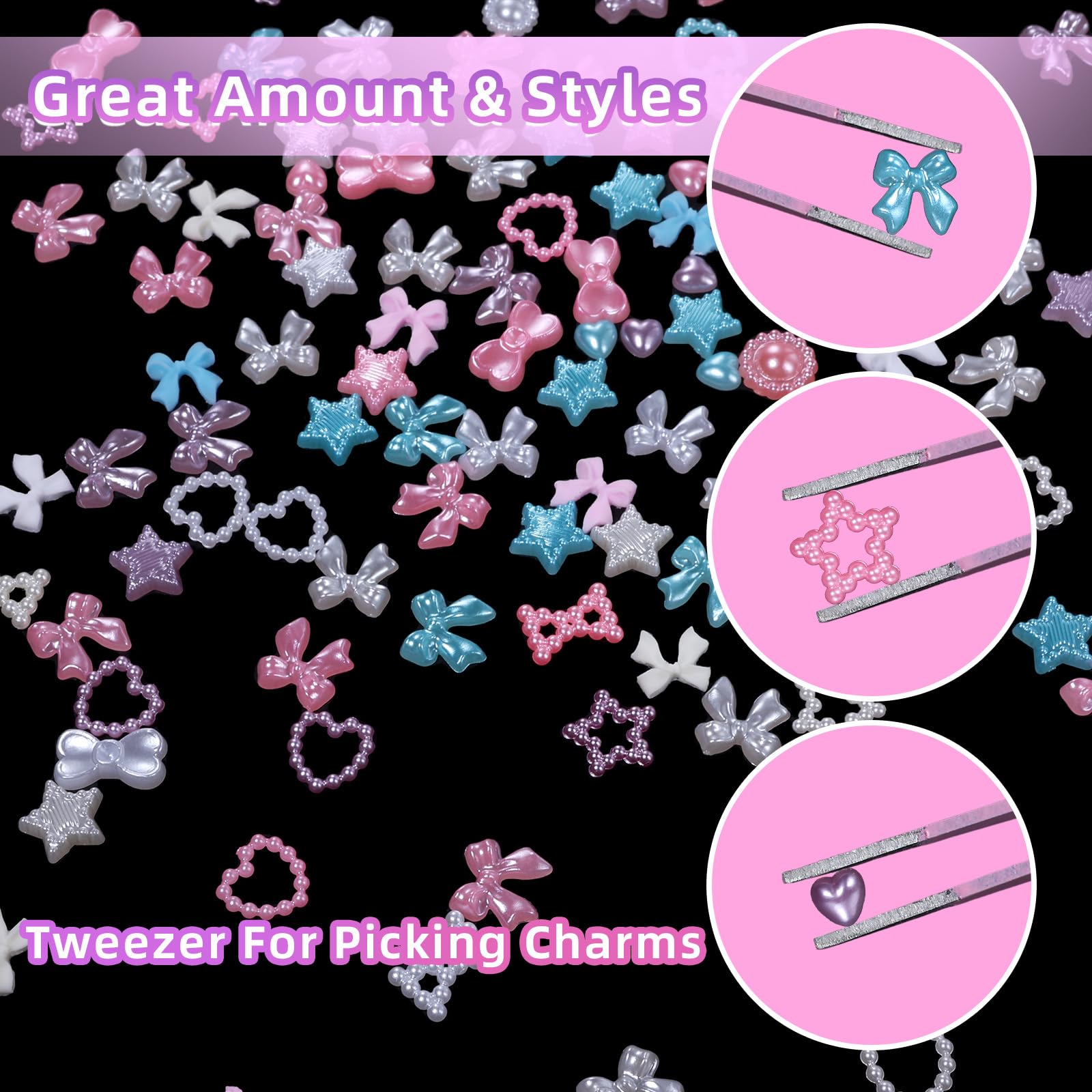 Bows Nail Charms and Flatback Nail Charms, Multi Colors Bows Nail Art Charms+Heart Star Nail Charms, Colorful Acrylic Nail Charms Pearls Nail Jewelry Charms for Nails Art DIY Crafts Accessories