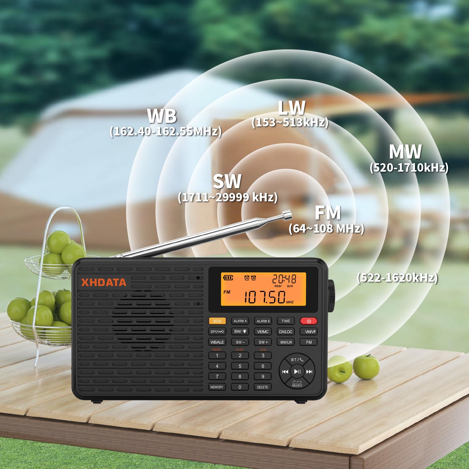 XHDATA D109WB Portable Radio AM/FM/SW/LW/WB Weather Radio Shortwave Radio Receiver with NOAA Alert, Battery Operated Great Sound Wireless BT Mp3 Speaker, SOS Alert Alarm Clock Sleep Function