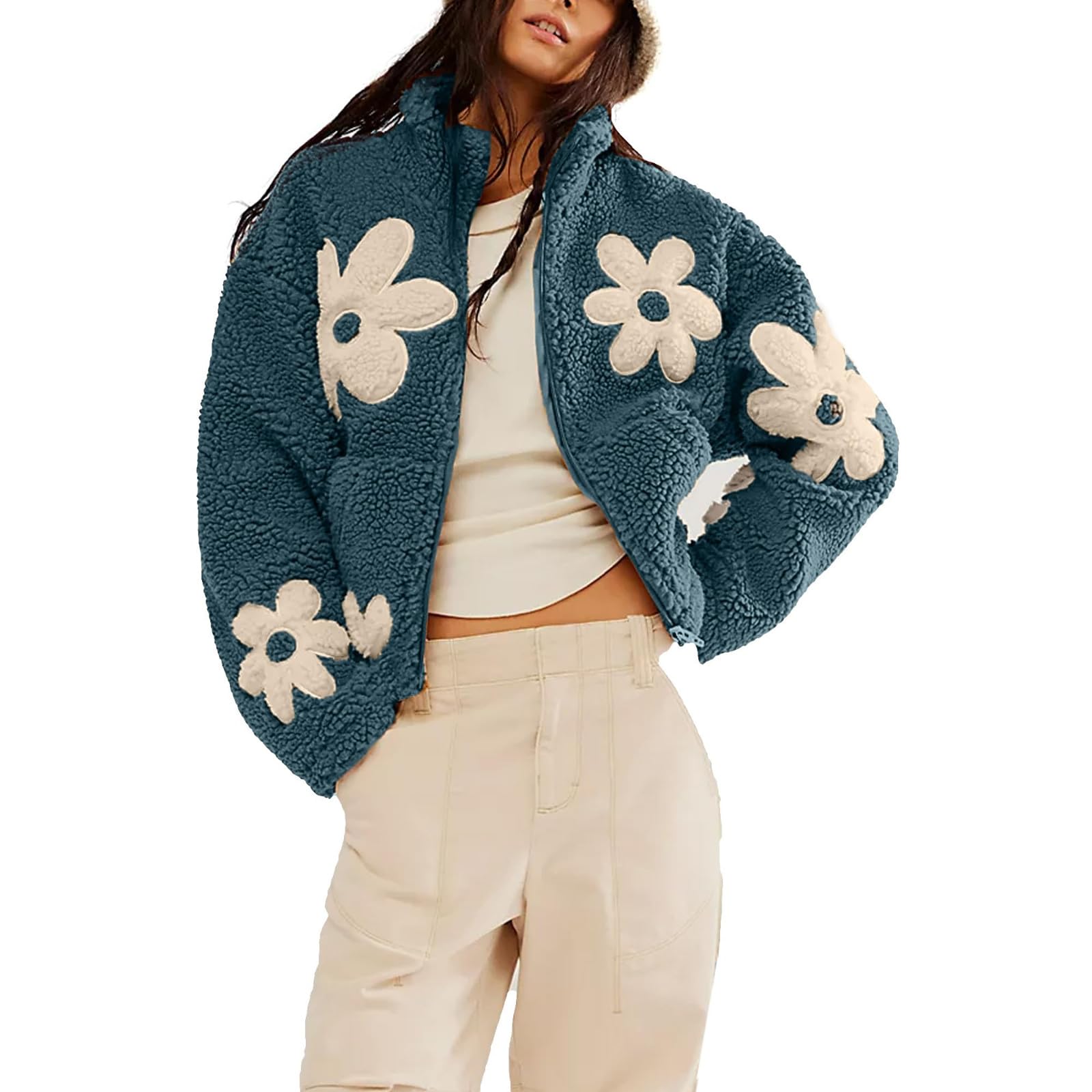 Sczwkhg Baby Black of Friday Deals Womens Floral Print Sherpa Fleece Jackets Winter Zipper Cropped Coat Casual Versatile Long Sleeve Outwear with Pocket Sherpa Jacket Women