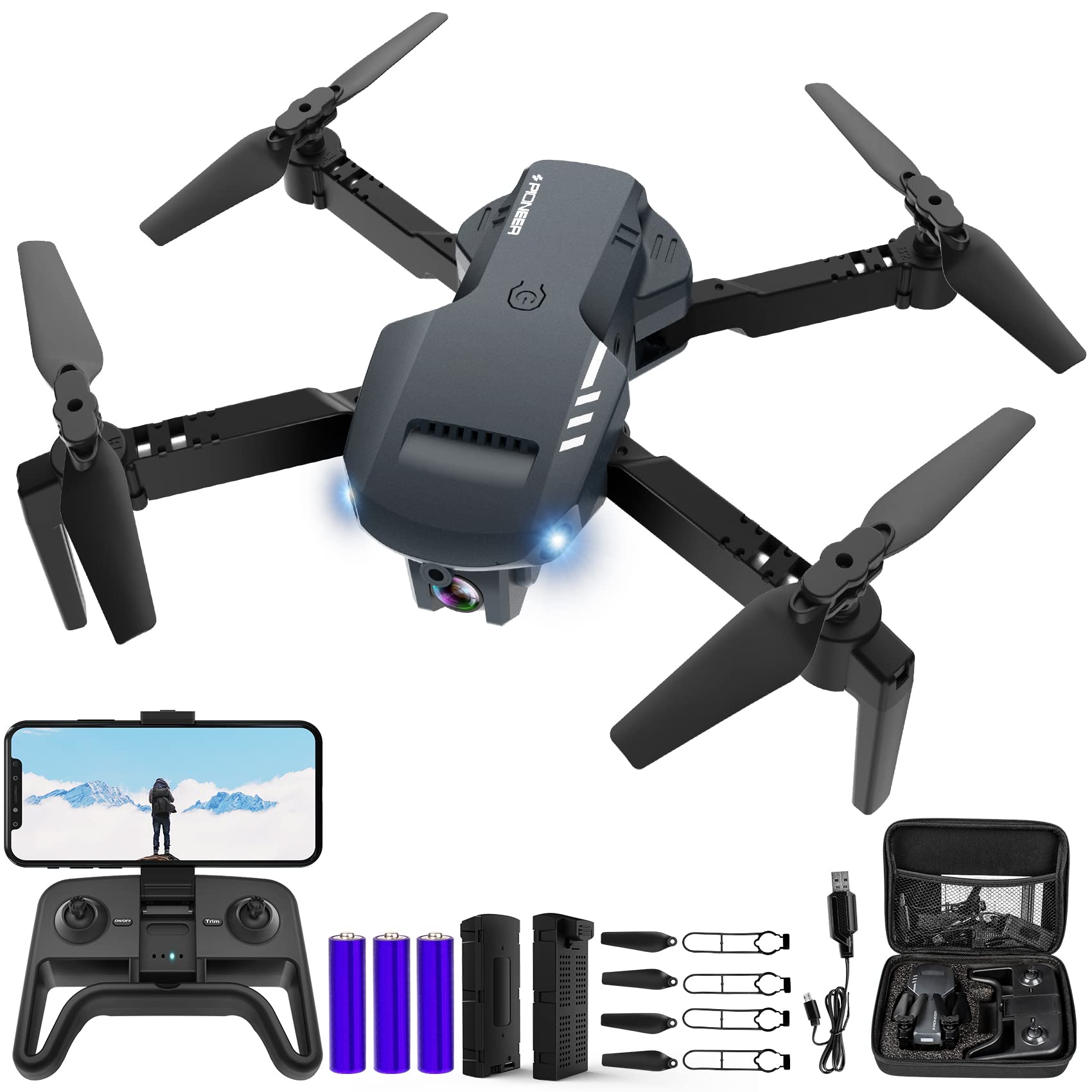 RADCLO Mini Drone with Camera - 1080P HD FPV Foldable Carrying Case, 2 Batteries, 90° Adjustable Lens, One Key Take Off/Land, Altitude Hold, 360° Flip, Toys Gifts for Kids, Adults, beginner