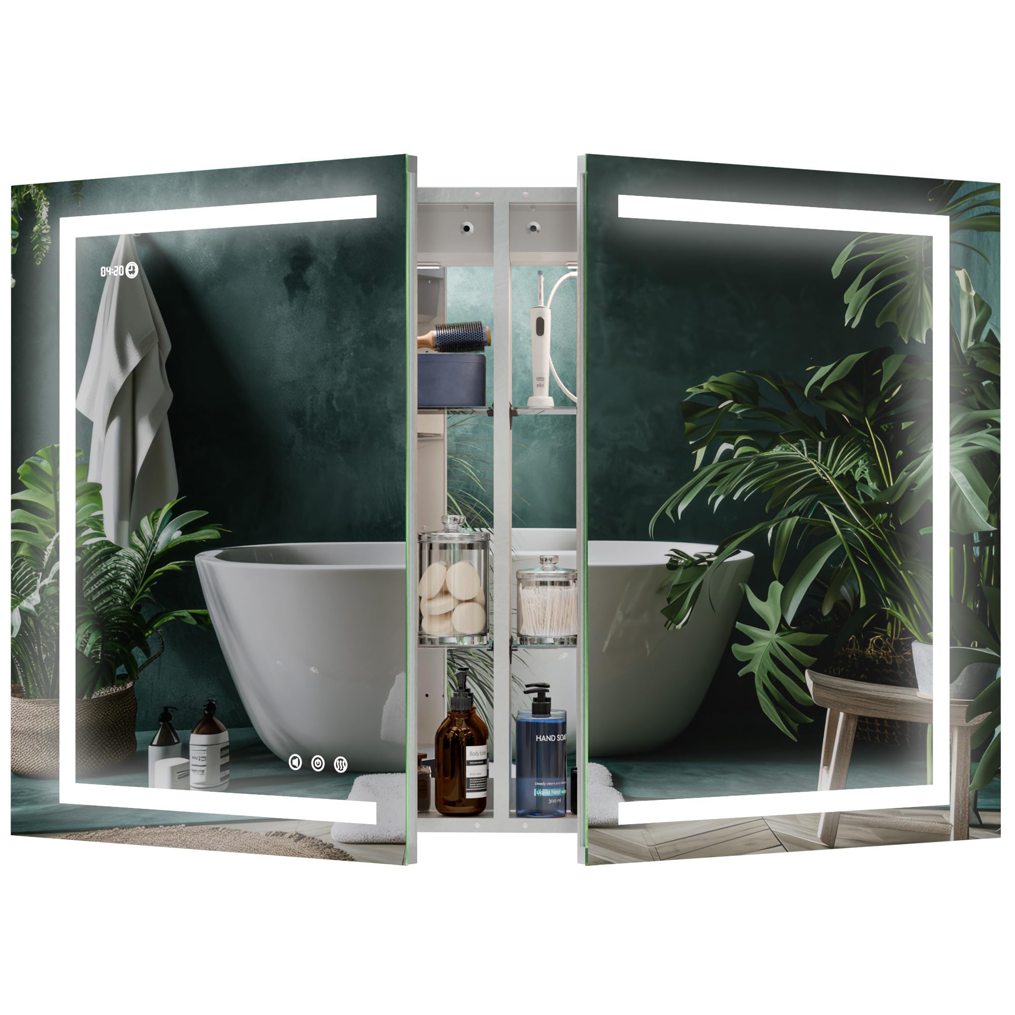KRISTALLUM LED Lighted Medicine Cabinet Front & Backlit Dimmable Colours, Clock & Temp, USB Outlets