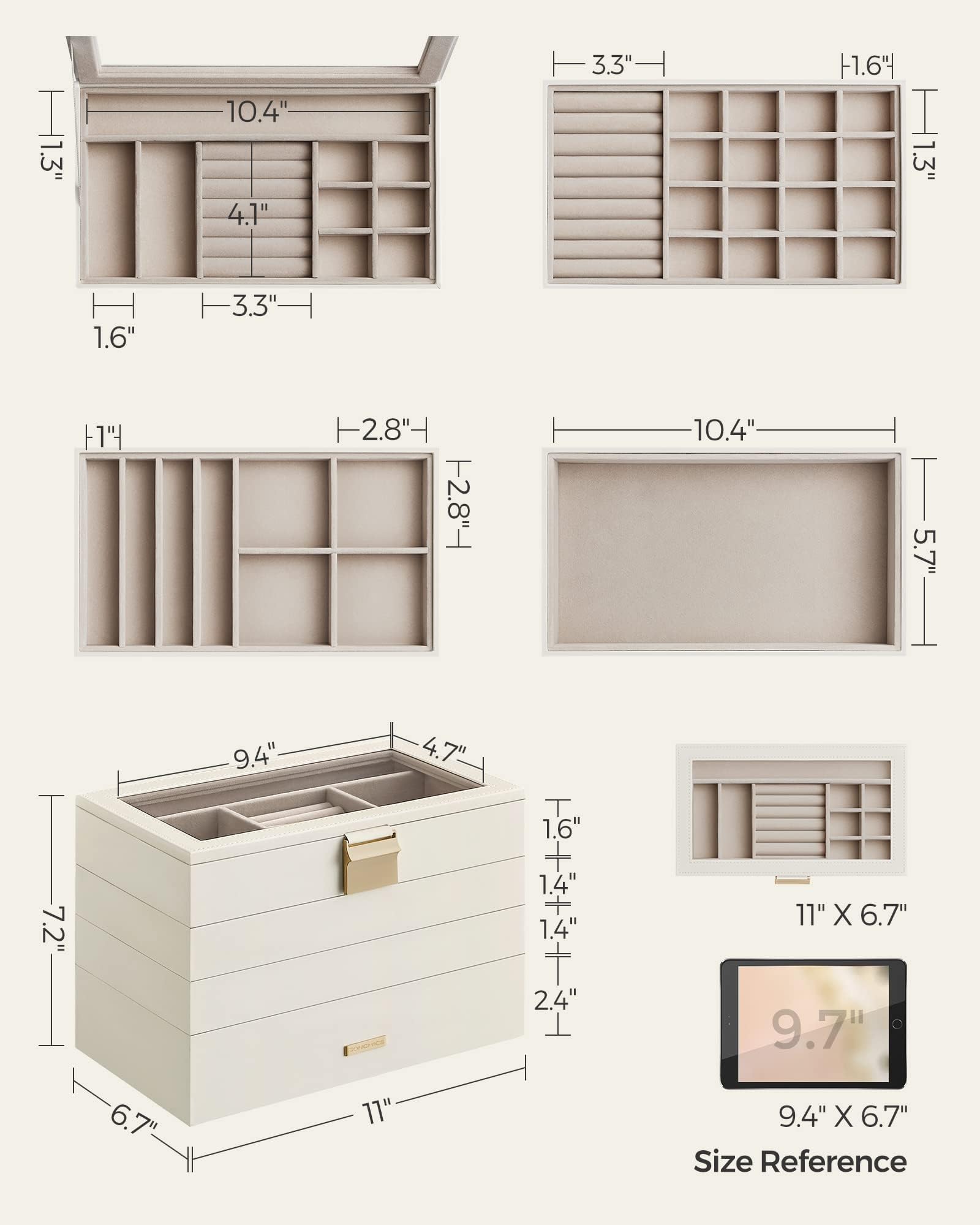 SONGMICS Stackable Jewelry Trays, 4-Tier Jewelry Box, Drawer Jewelry Organizer, with Glass Lid, Removable Dividers, for Vanity Table, 6.7 x 11 x 7.2 Inches, Gift Idea, Cloud White UJBC164W01