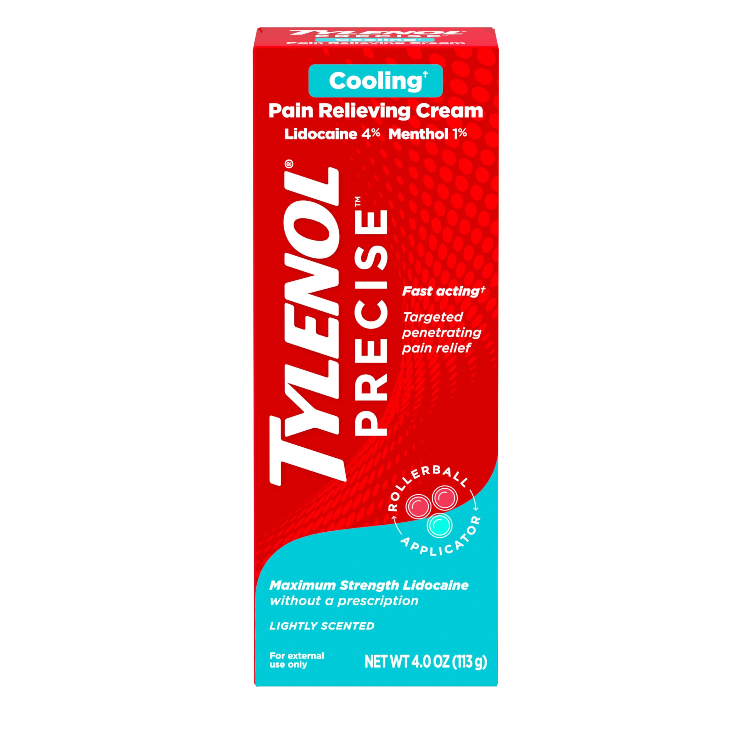 Tylenol Precise Cooling Pain Relieving Cream, Maximum Strength 4% Lidocaine & 1% Menthol Cream for Joint Pain, Fast-Acting, Penetrating Pain Relieving Cream, Light Scent, 4oz