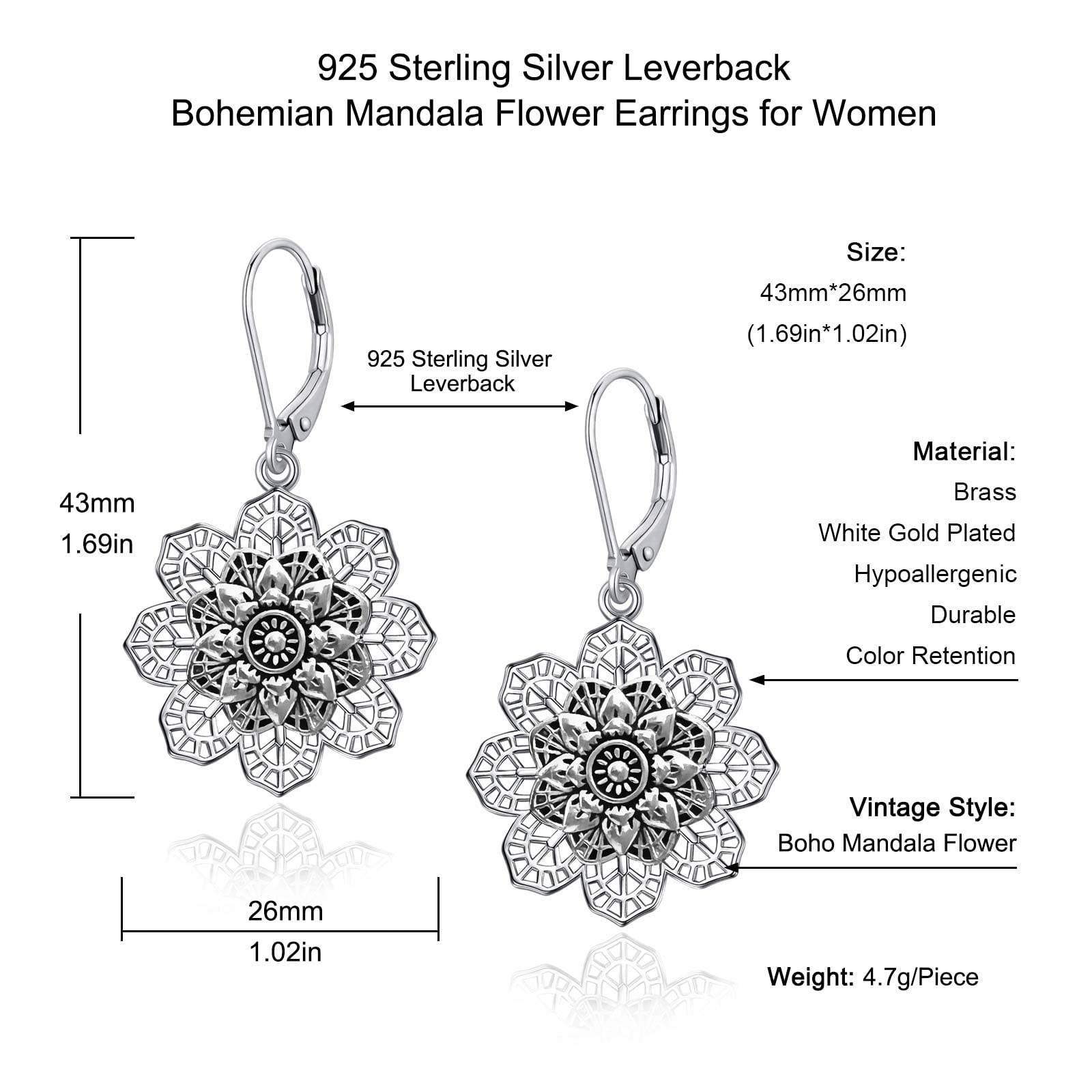 Fiklon Boho Vintage Flower Earrings for Women, 925 Sterling Silver Leverback Hollow Bohemian Dangle Drop Earrings, Mandala Tribal Floral Earring Western Indian Jewelry