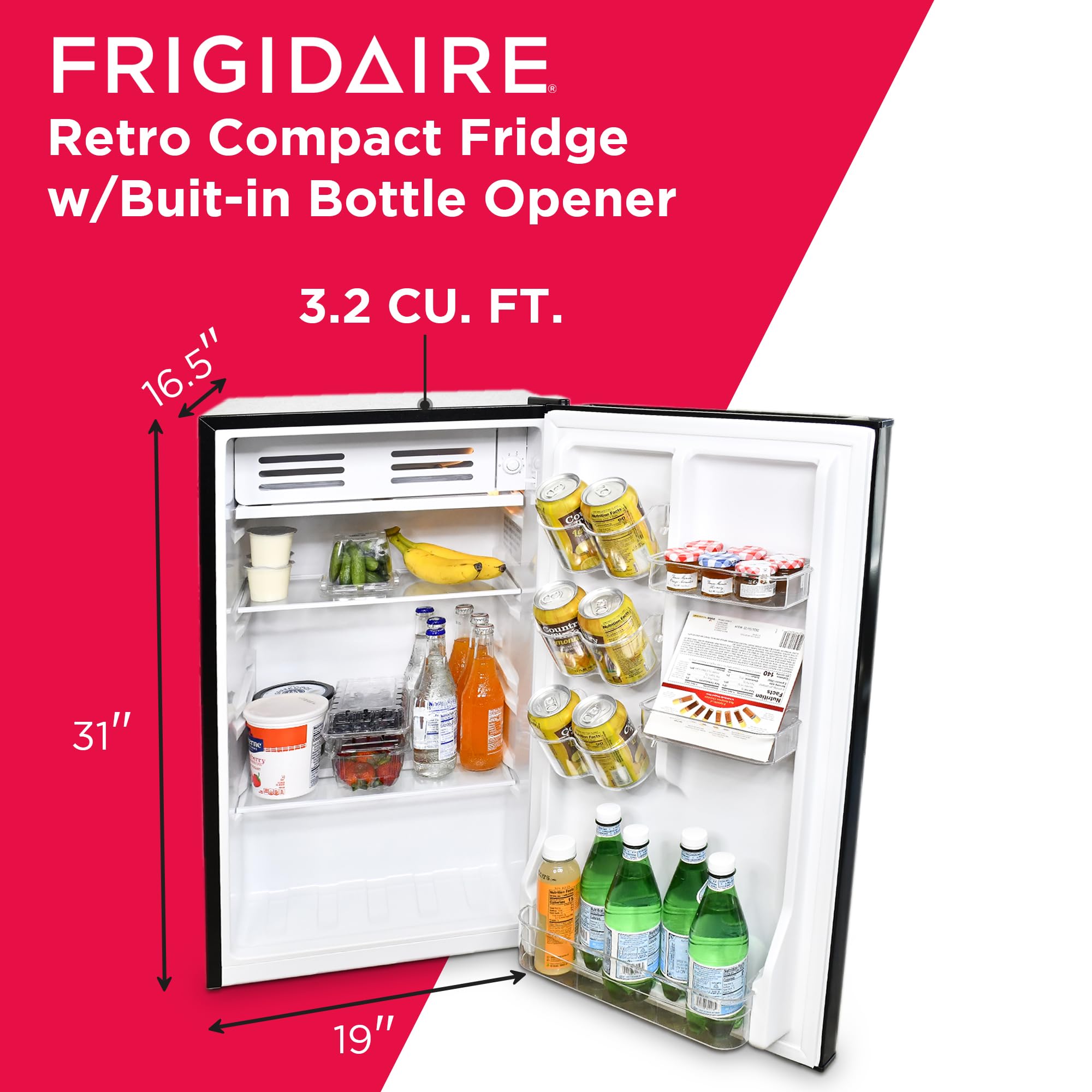 Frigidaire Retro Compact Fridge with Chiller, 3.2 cu ft Countertop Fridge with Built-In Bottle Opener, Compact Refrigerator for Office, Bedroom, Dorm Room or Cabin - 16.5"D x 19"W x 31"H (Black)