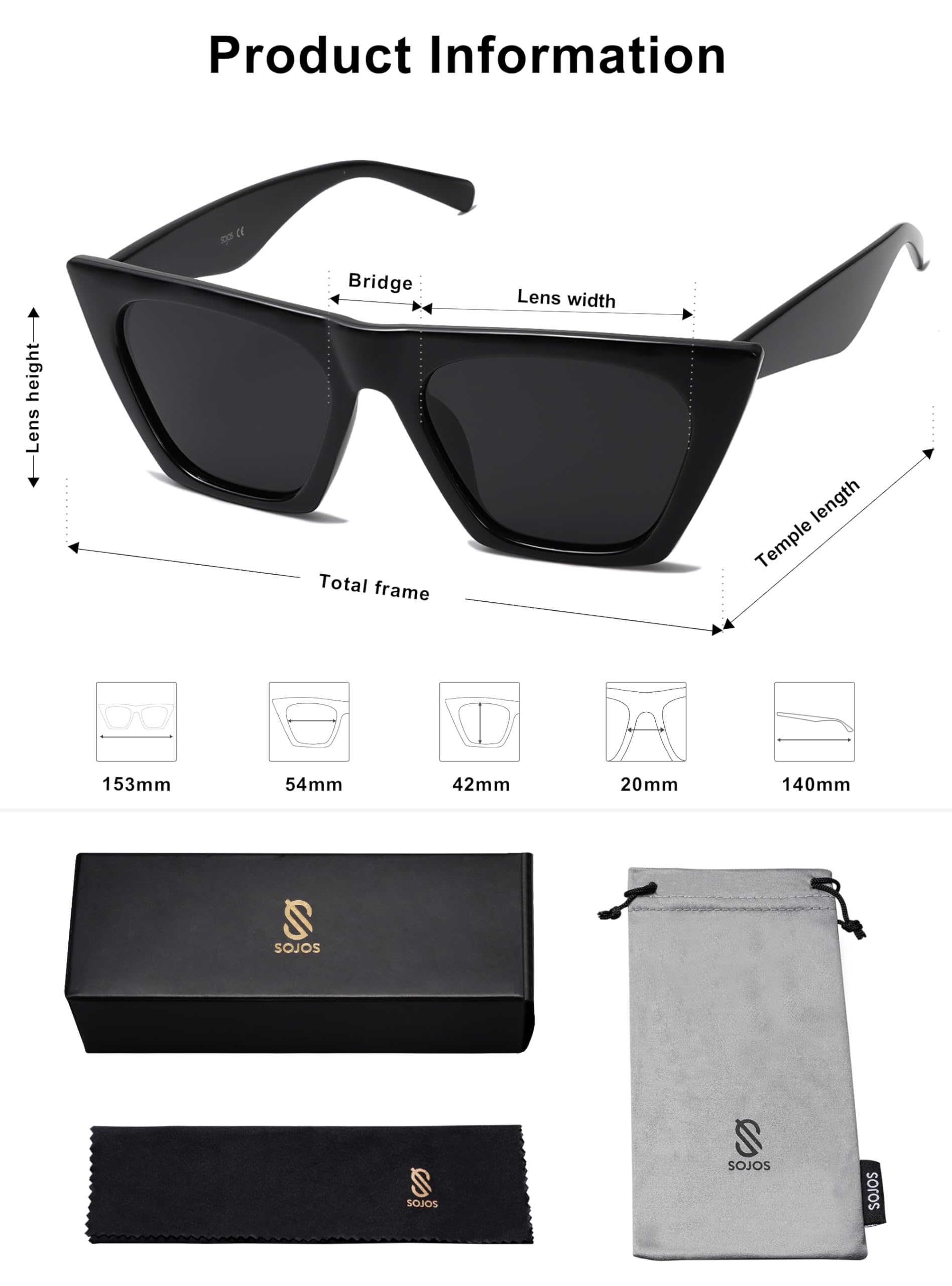 SOJOS Trendy Oversized Square Cateye Polarized Sunglasses Womens Big Frame Shades SJ2115, Black/Grey