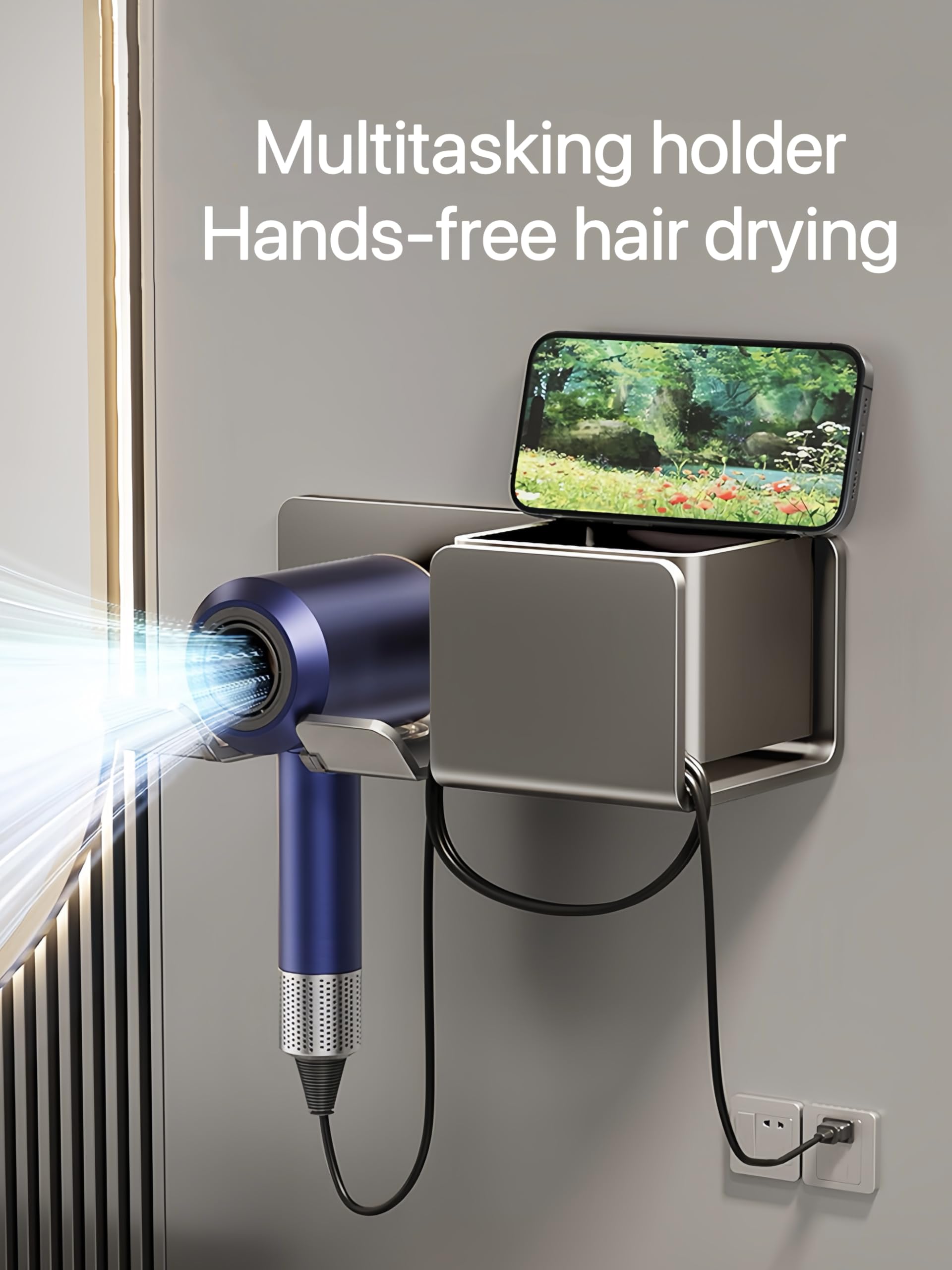 Hair Dryer Holder Wall Mounted, Hair Tool Organizer, Metal Self Adhesive Hair Blow Dryer Stand for Bathroom (Black)