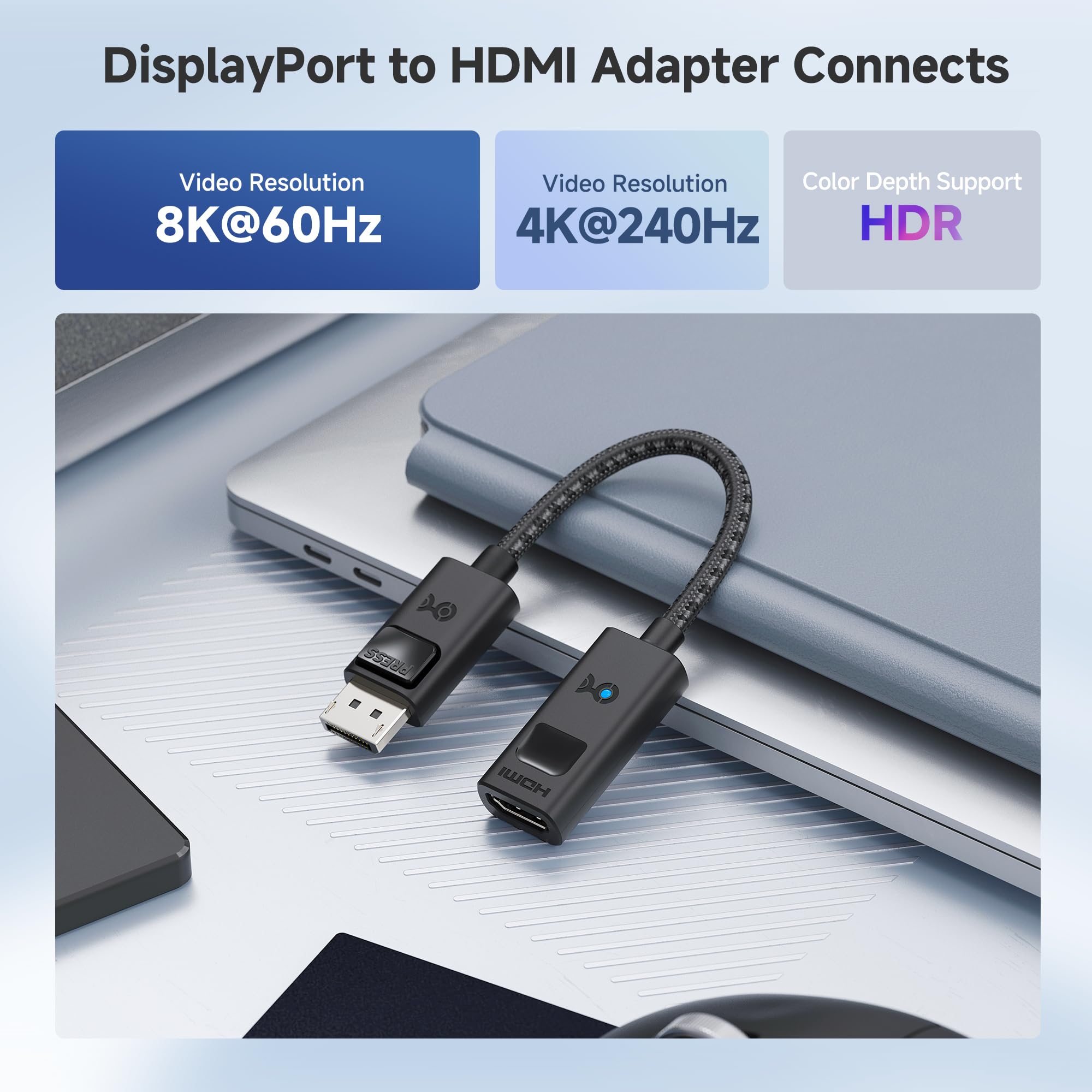 Cable Matters 8K DisplayPort 1.4 to HDMI 2.1 Adapter with 4K 240Hz / 8K 60Hz, Unidirectional DisplayPort to HDMI 2.1 Cable Adapter, Supports RTX4080, RX7900, Not Work with PS5, Black