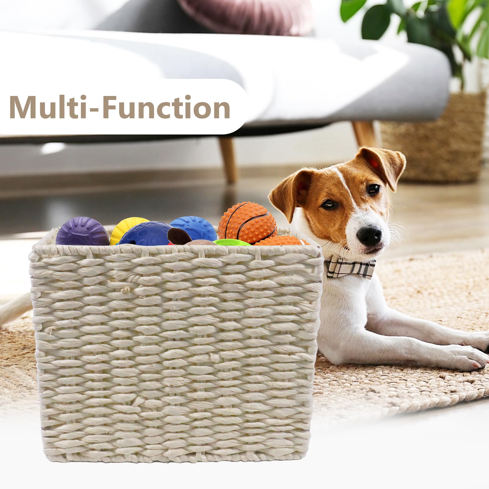 Brabtod Dog Toy Basket Rectangle Dog Toy Bin Wicker Basket Dog Organizer Farmhouse Decor Rattan Basket Water Hyacinth Basket for for Dog Toys/Pet Supplies