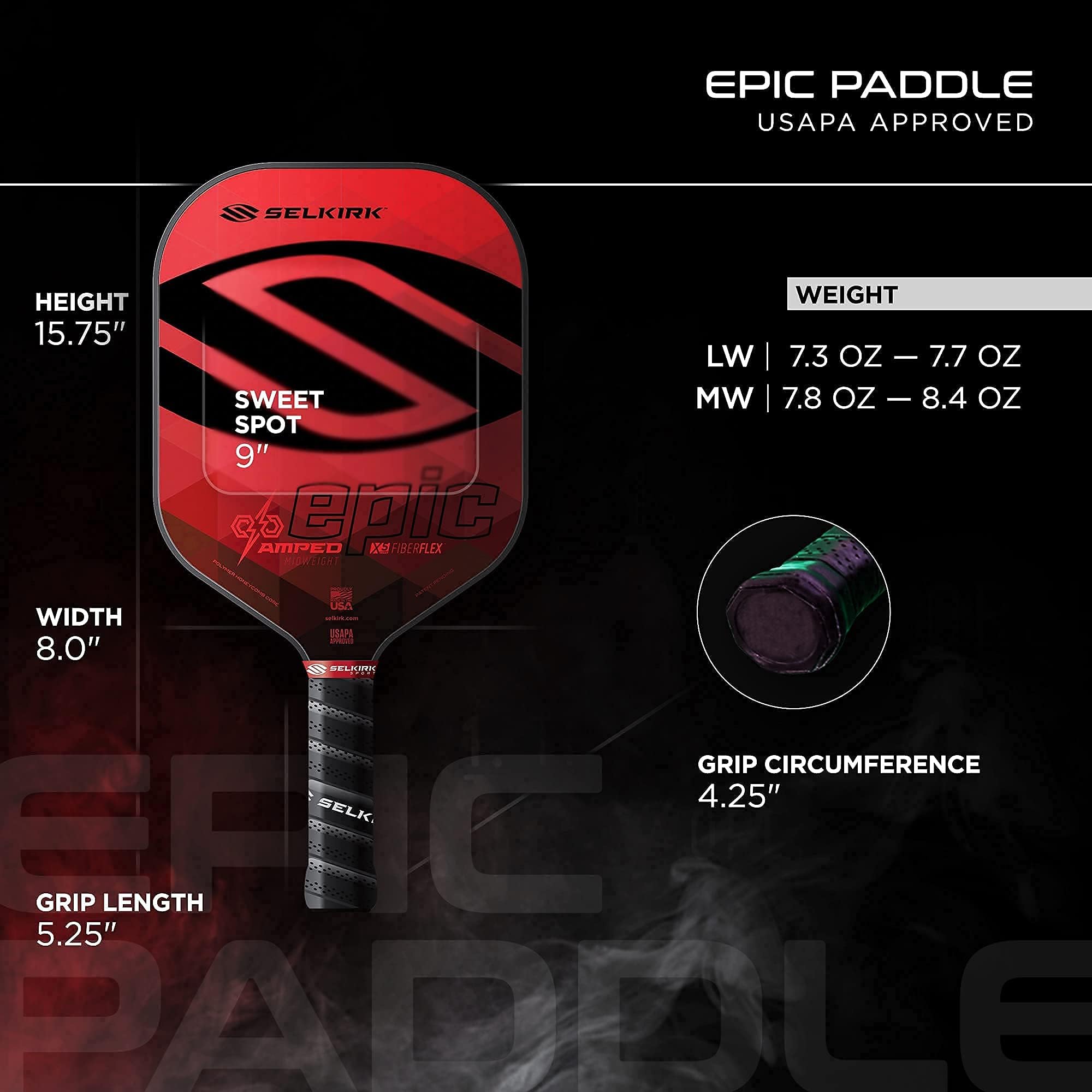 Selkirk Amped Pickleball Paddle | Fiberglass Pickleball Paddle with a Polypropylene X5 Core | Pickleball Rackets Made in The USA | 2021 Epic Midweight Selkirk Red |