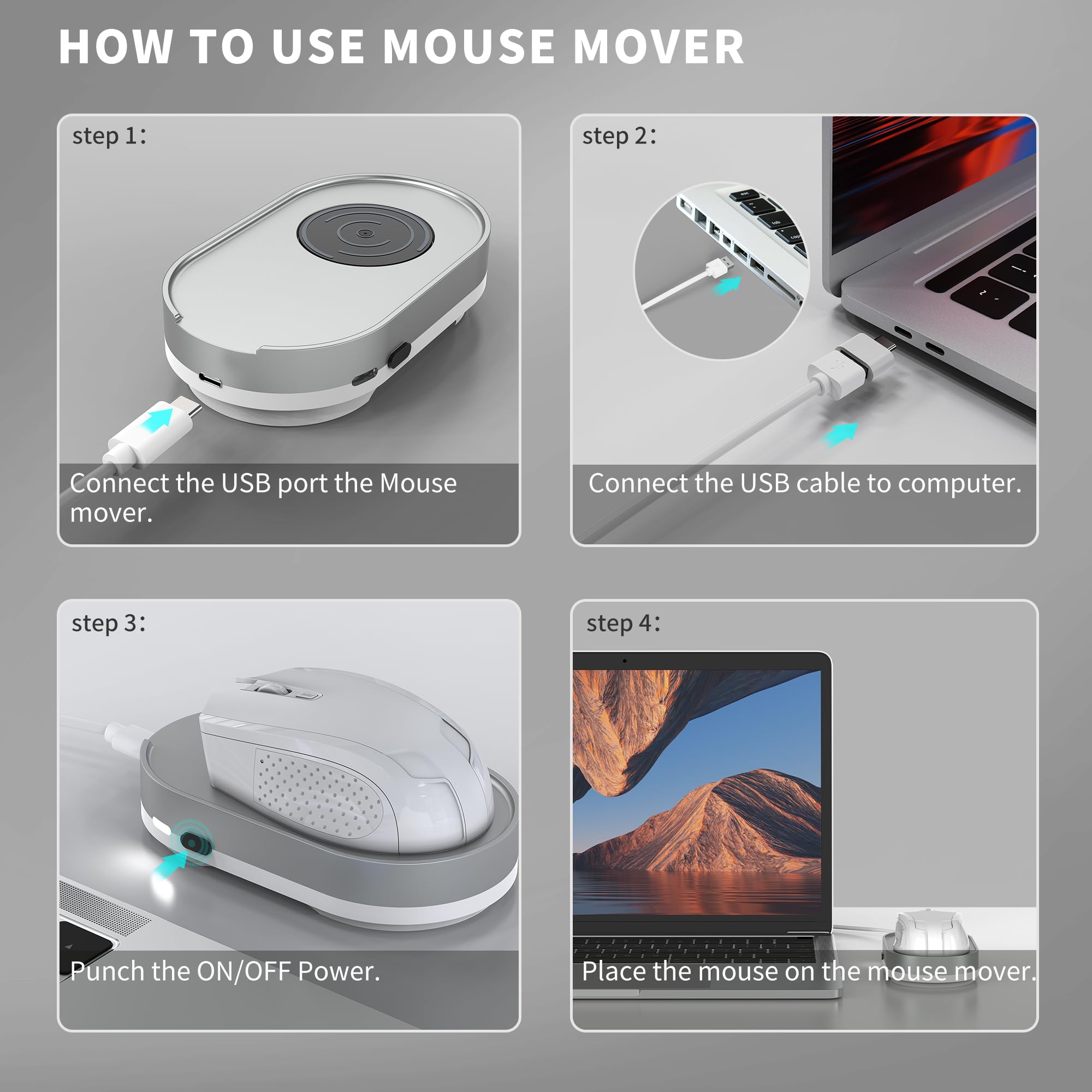 Jerryrun Mouse Jiggler, Undetectable Mouse Mover Device Wiggler Shaker with Drive Free USB Cable and USB Adapter, Physical Automatically Mouse Movement, Keep PC Screen Active, Silver