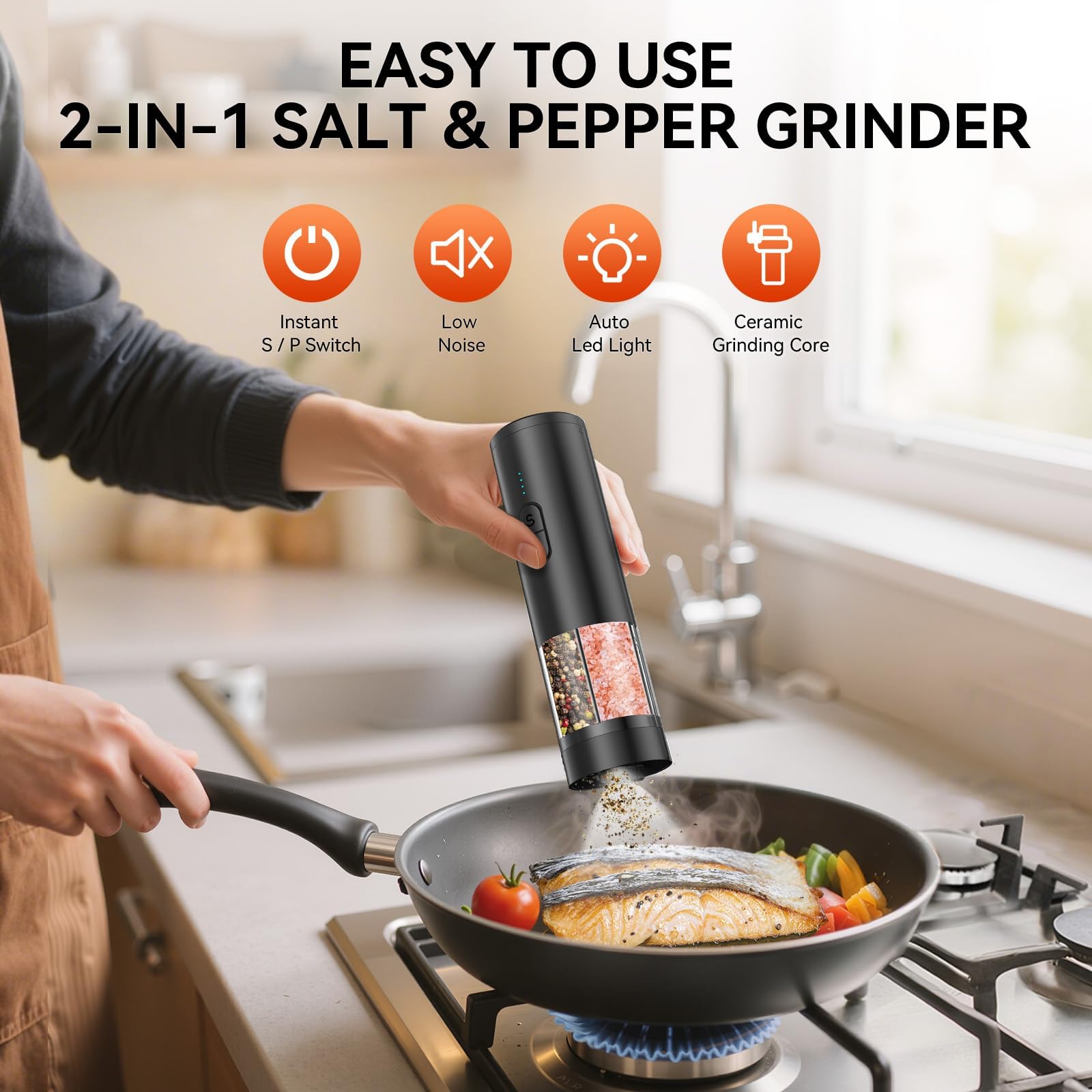 HeatBay 2 in 1 Electric Salt and Pepper Grinder Set, USB Rechargeable, Automatic Salt and Pepper Mill Shakers with Battery Display, LED Light, Adjustable Coarseness Ideal for Kitchen Gift(Black)