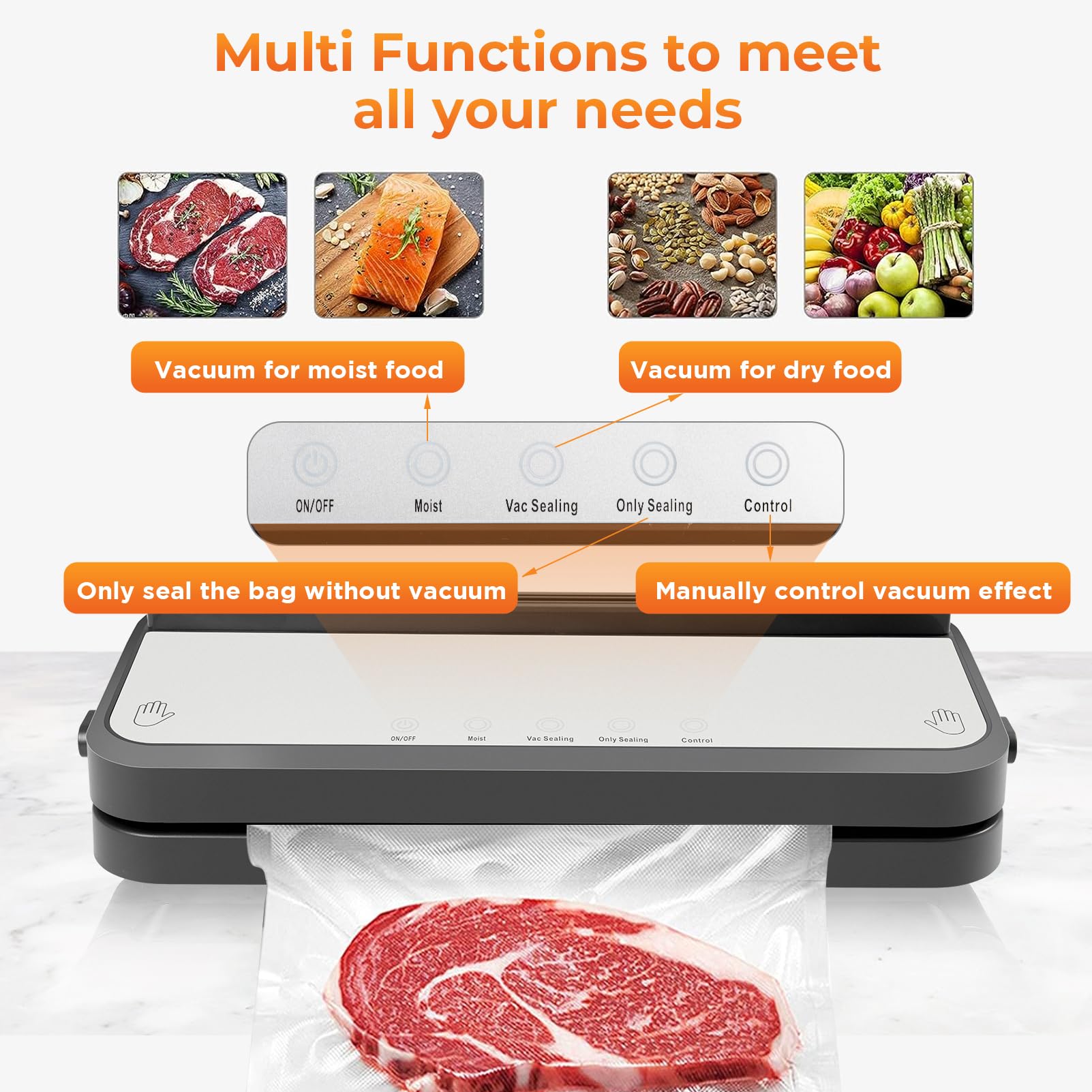 Etunsia Vacuum Sealer, Food Vacuum Sealer Machine for Dry/Moist Food Storage and Sous Vide, Vacuum Sealer Machine With Strong Vacuum and Complete Seal, With Bag Cutter and Vacuum Sealer Bags