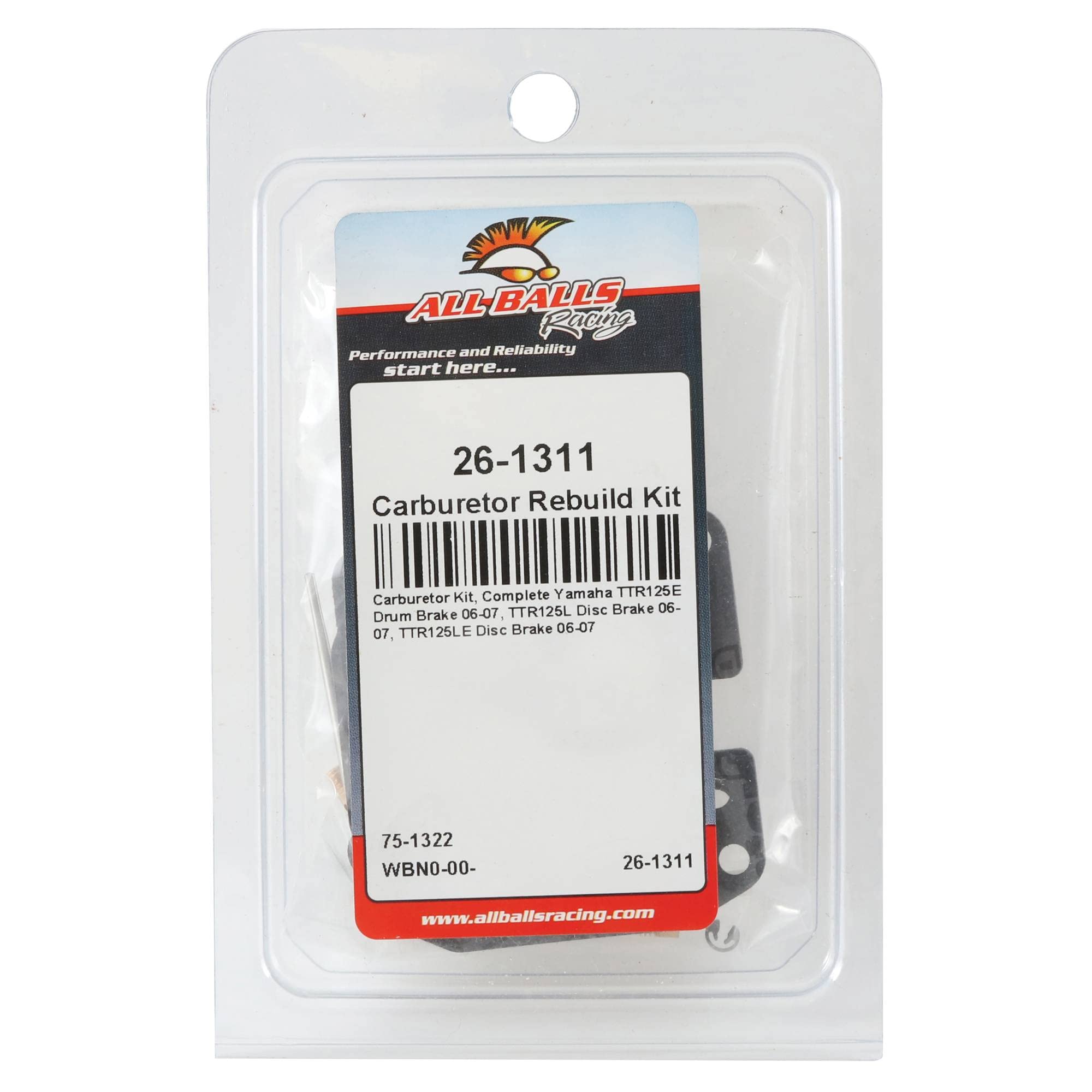 New All Balls Racing Carburetor Rebuild Kit 26-1311 Compatible With/Replacement For Yamaha TTR125L Disc Brake 06 07