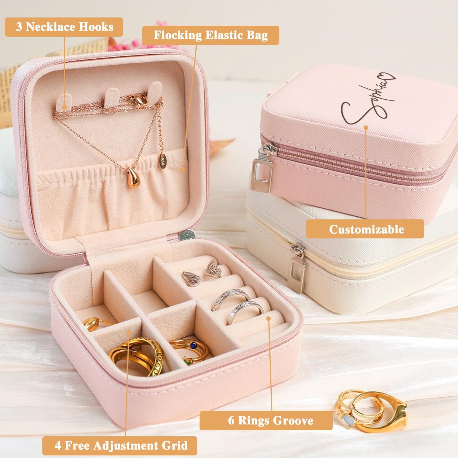 Corissy Personalized Jewelry Box for Women, Custom Travel Jewelry Case with Name and Birth Flower, Leather Jewelry Box for Rings, Earrings, Necklaces, Personalized Gifts for Women