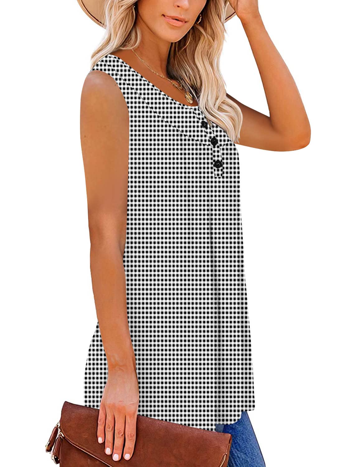 BETTE BOUTIK Plaided Summer Tank Tops for Women Black Sleeveless Blouse Henley Tank Tops Women Sleeveless Tunic Women SmallPlaid Large