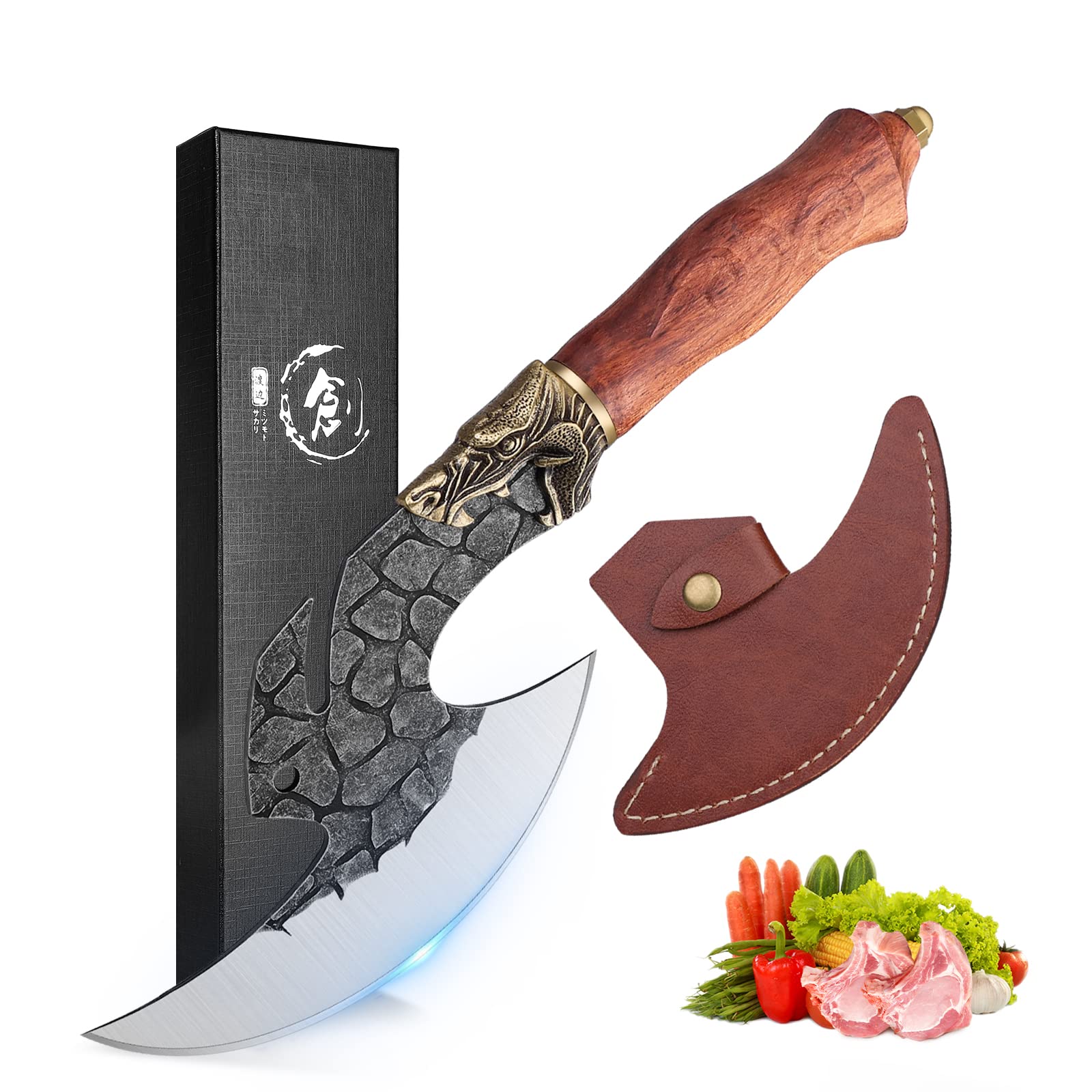 ROCOCO Viking Cleaver Knife Butcher Meat Cutting Boning Knife Hand Forged Chinese Kitchen Axe with Sheath Home Outdoor BBQ Camping Chirstmas Birthday Chirstmas Mother Father Gift Men