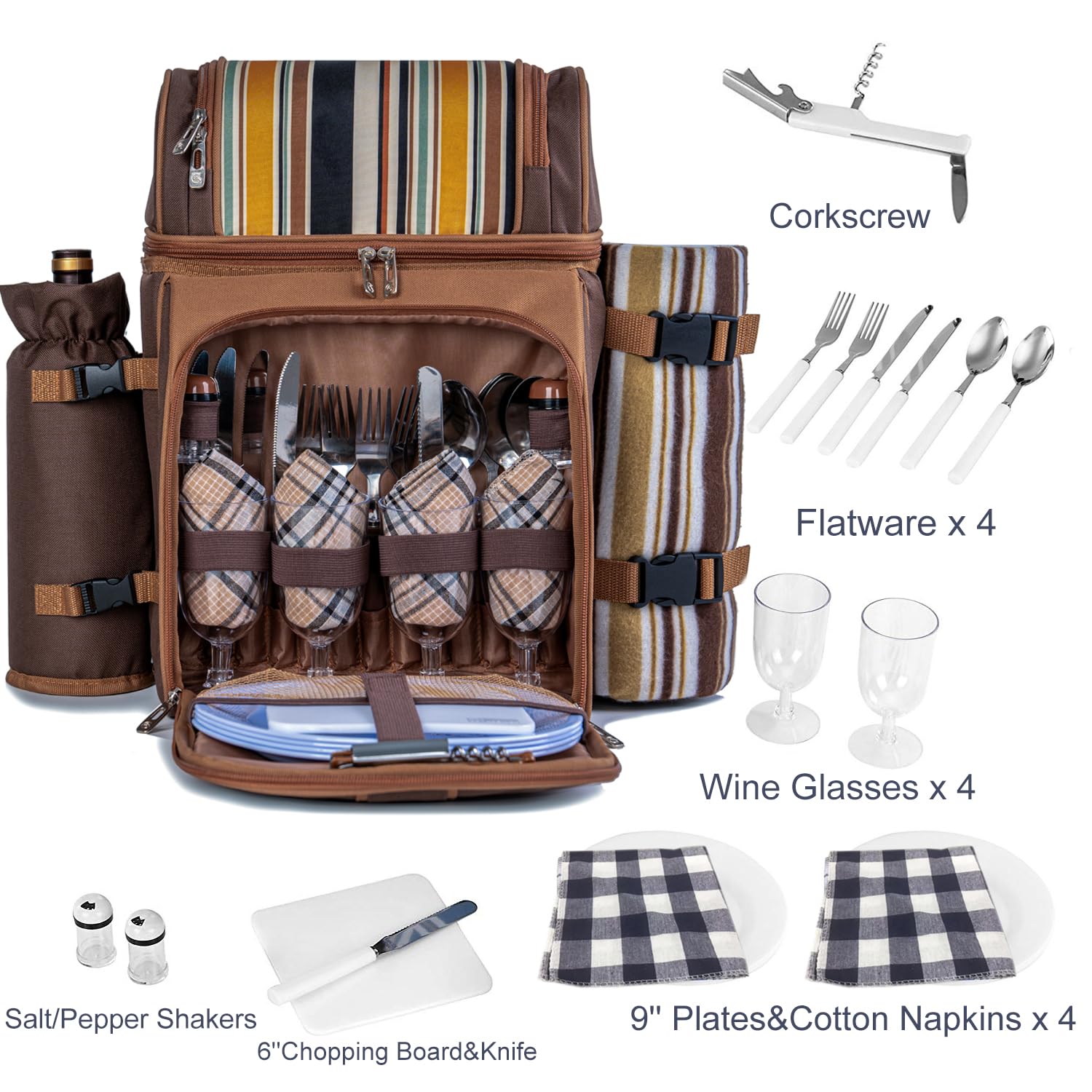 ALLCAMP Picnic Basket Backpack Cooler for 4 Person with 2 Insulated Cooler Bag, Detachable Bottle/Wine Holder, Fleece Blanket, Plates and Cutlery for Family,Couple,Friend Gatherings and Gifts (Brown)