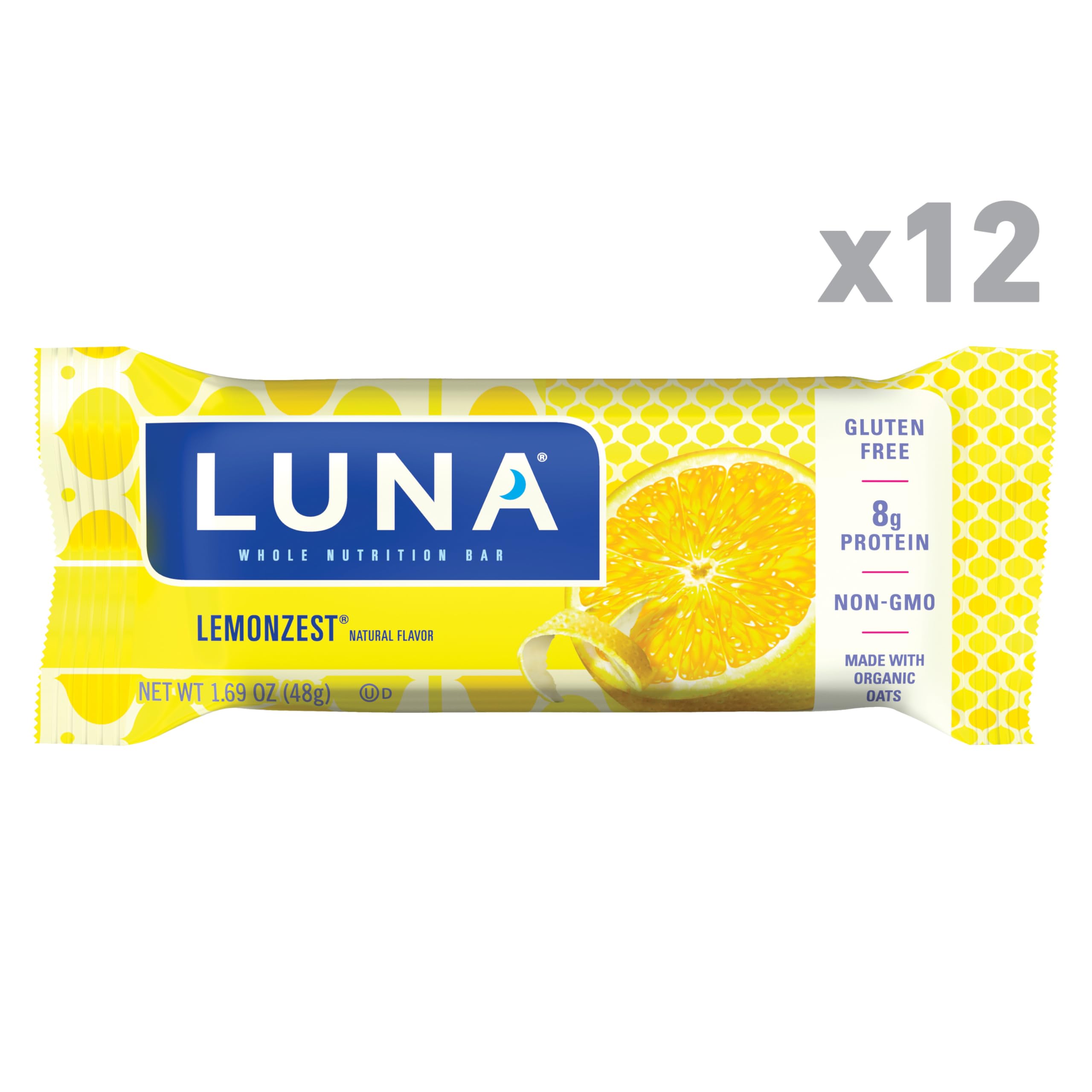 LUNA Bar - LemonZest Flavor - Gluten-Free - Non-GMO - 7-9g Protein - Made with Organic Oats - Low Glycemic - Whole Nutrition Snack Bars - 1.69 oz. (12 Pack)